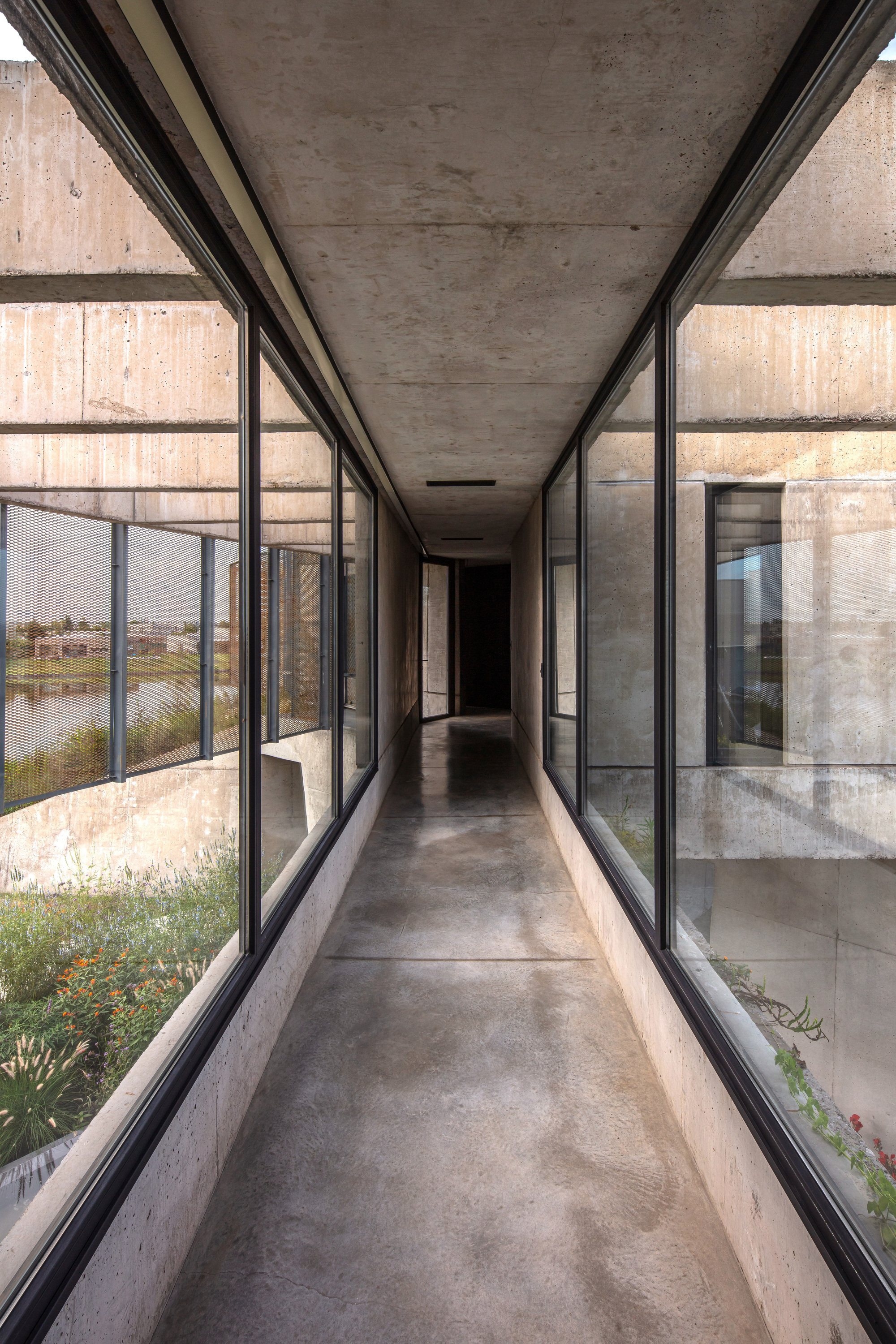 Narrow concrete corridor lined with floor-to-ceiling glazing on both sides, looking out to planting and a lake in soft light
