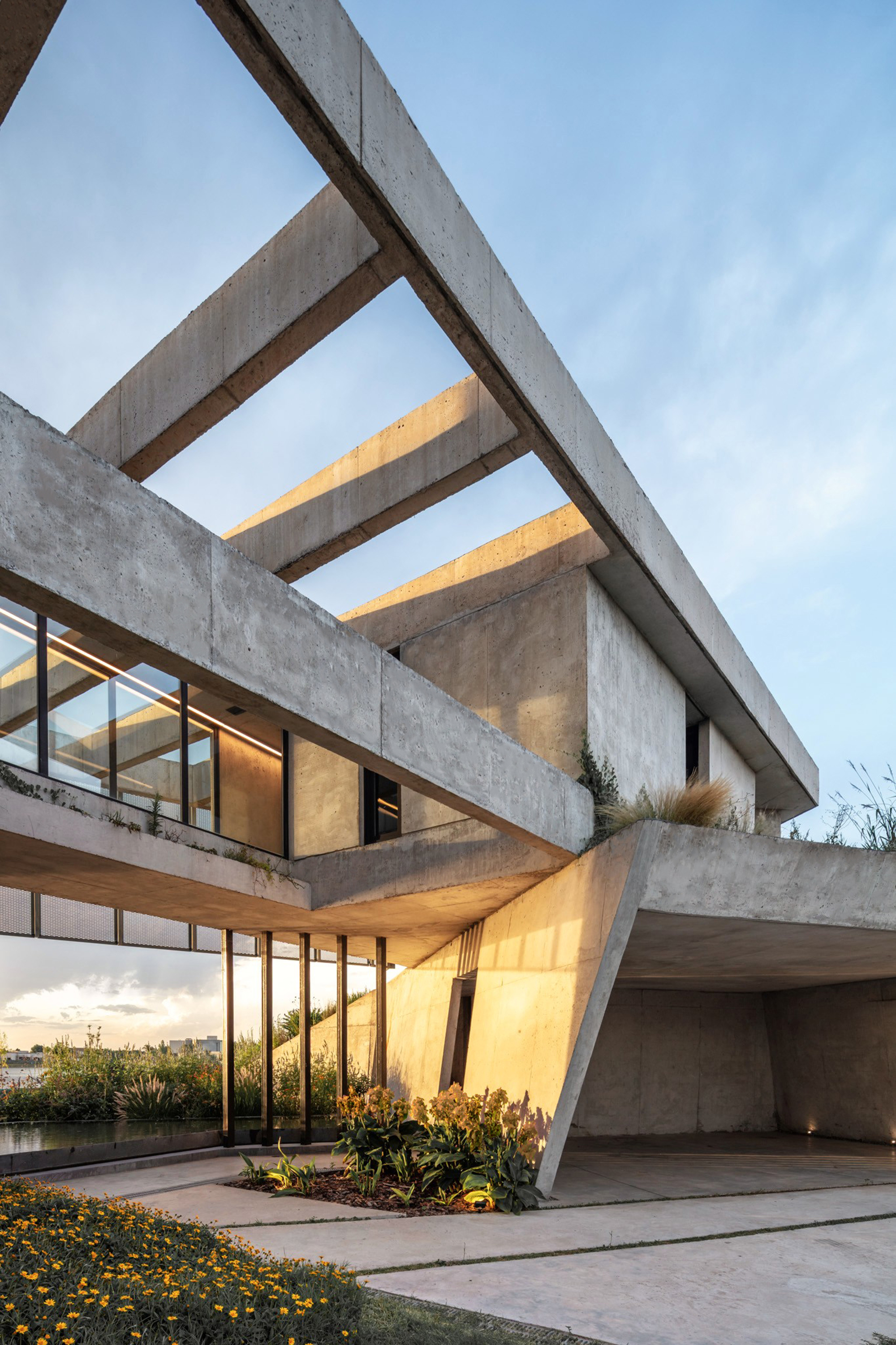 Angled concrete columns and cantilevered beams over a glazed corner, with marigolds in the foreground at dusk