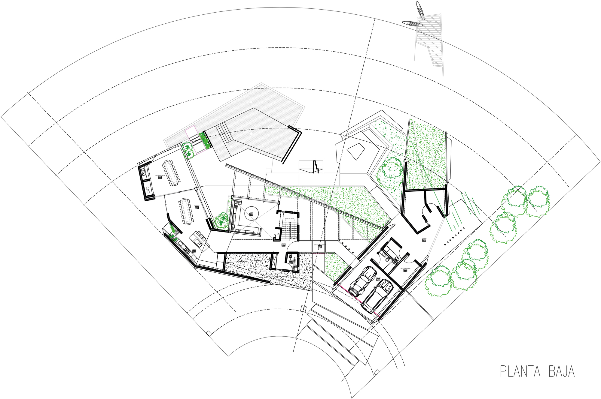 Ground floor plan drawing of a fan-shaped site showing angled walls, a two-car garage, stair core, planted areas and trees