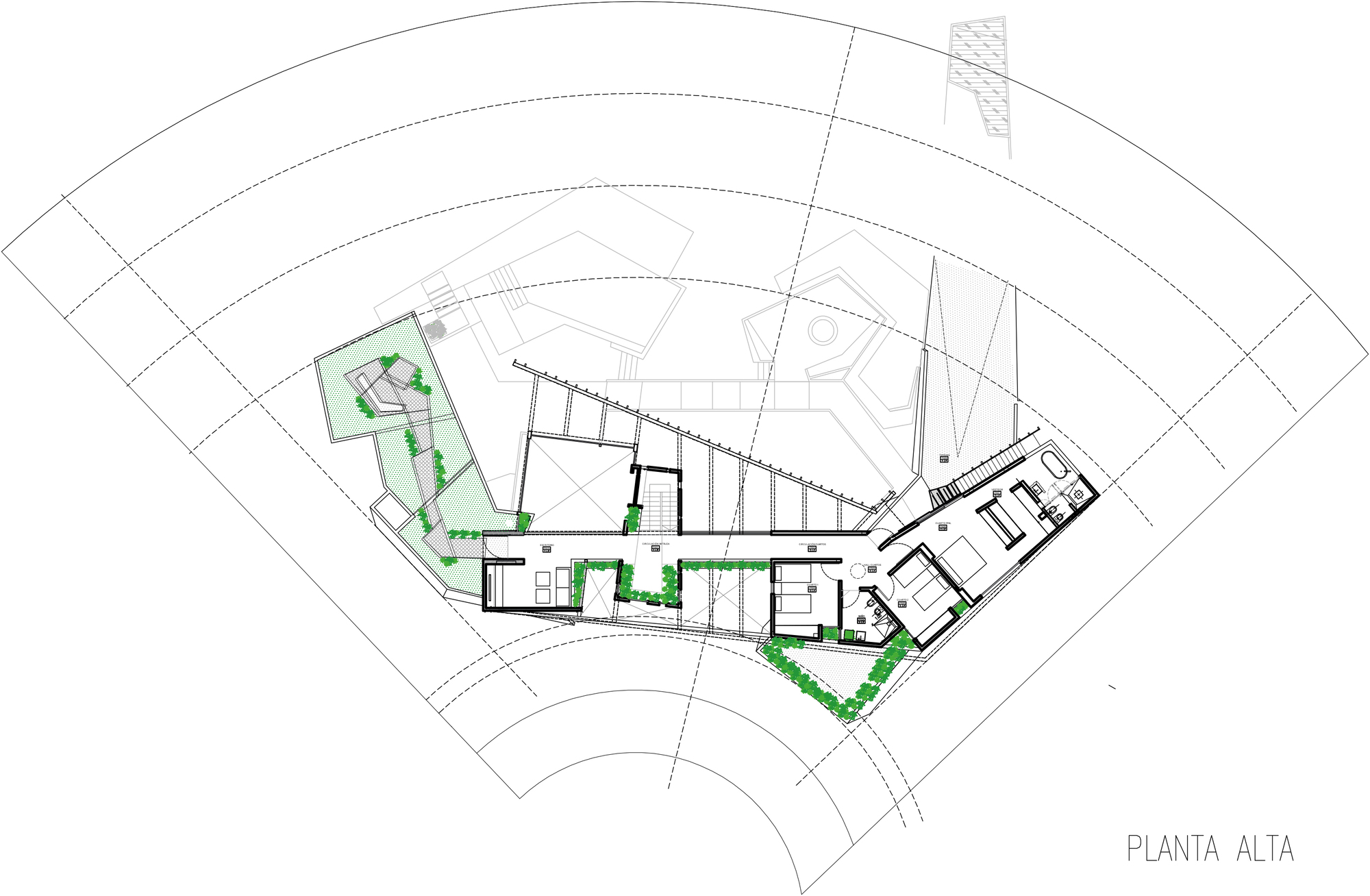 Upper floor plan drawing of an elongated angled volume with bedrooms, green roof terraces and planting, set within a fan-shaped site outline
