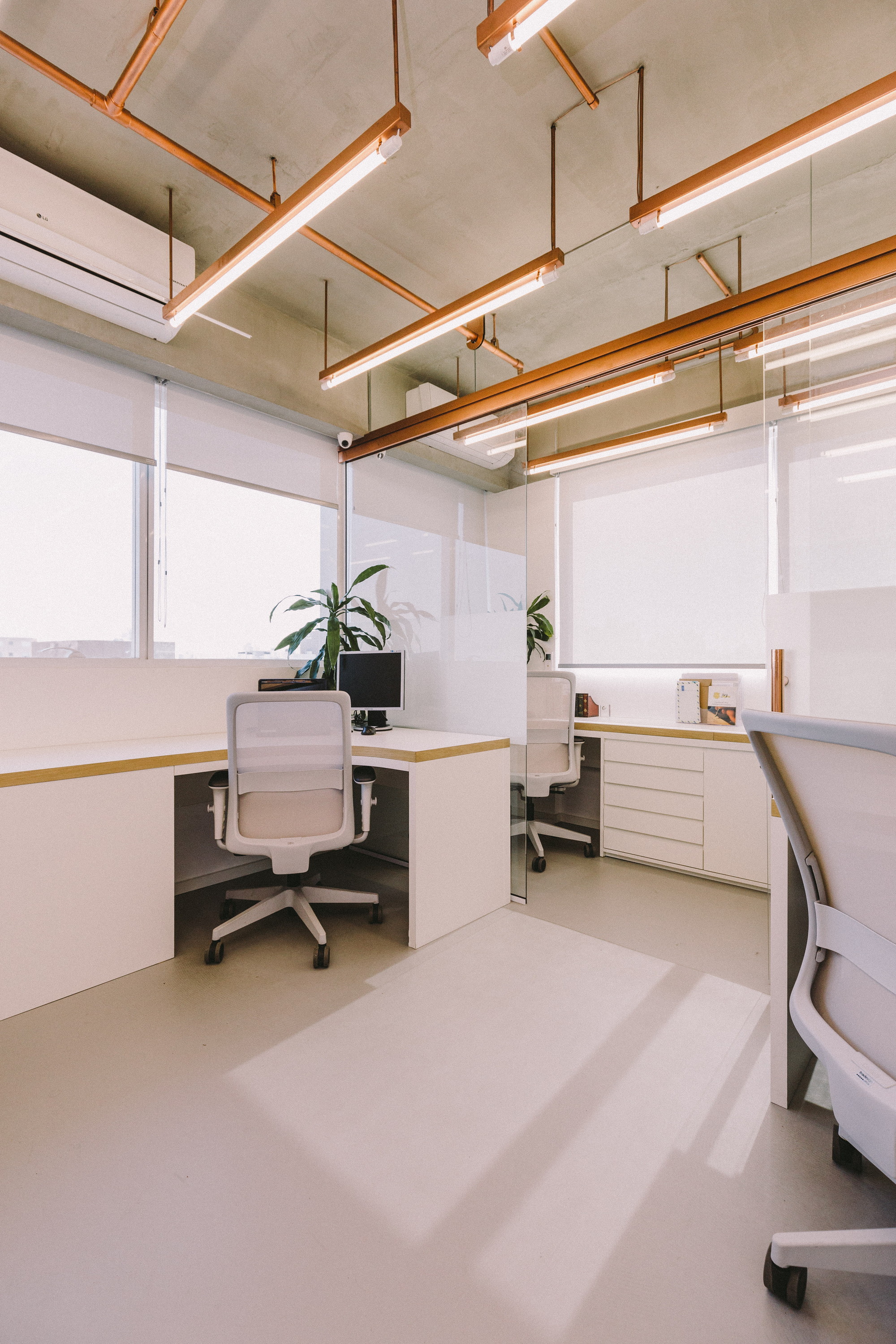 Office workstations with white desks and mesh chairs under copper-framed tube lights, sunlight falling across the pale floor from roller-shaded windows