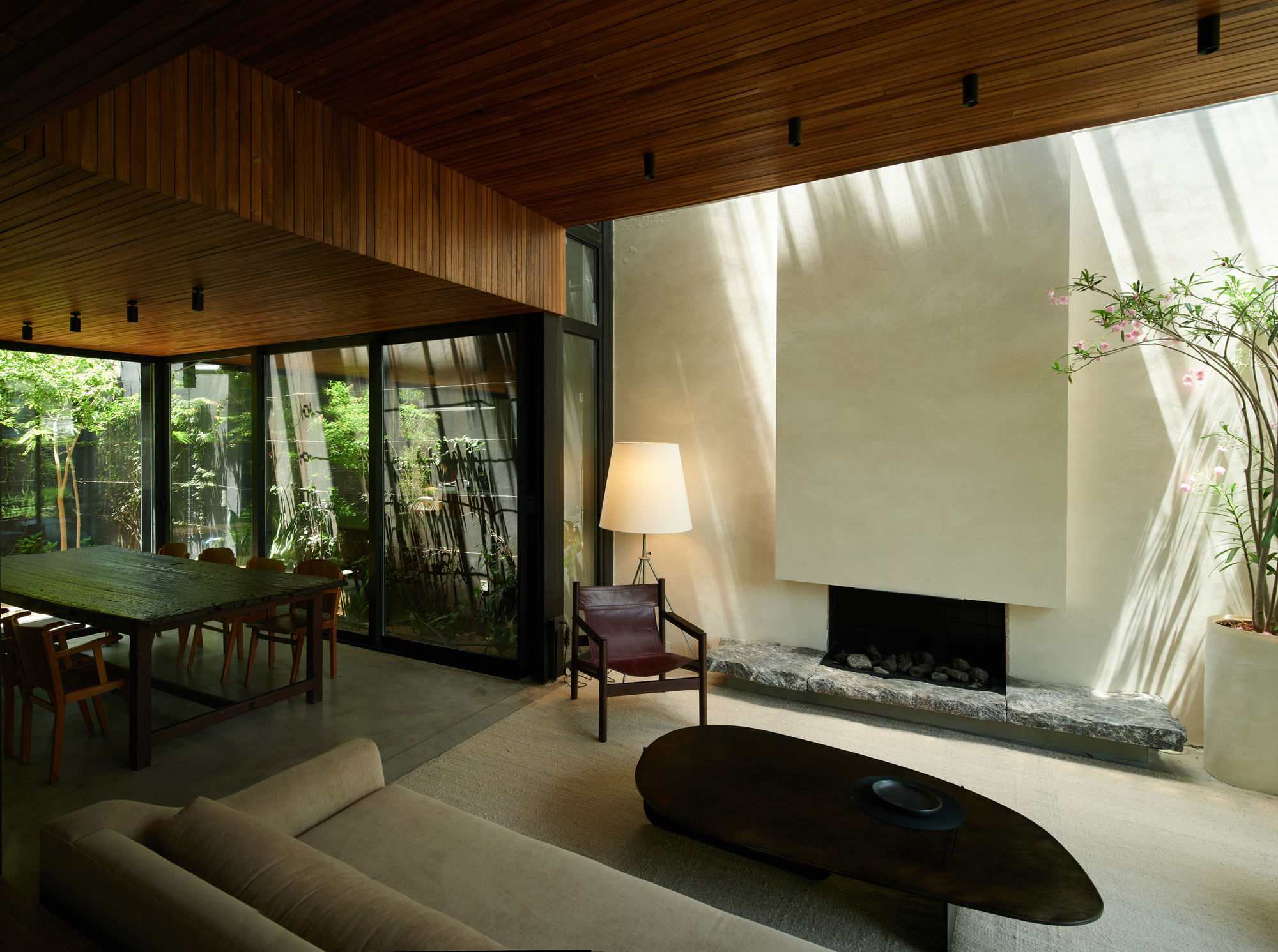 Fireplace corner with a raised stone hearth, leather chair and flowering branches, striped by afternoon sun through the glass