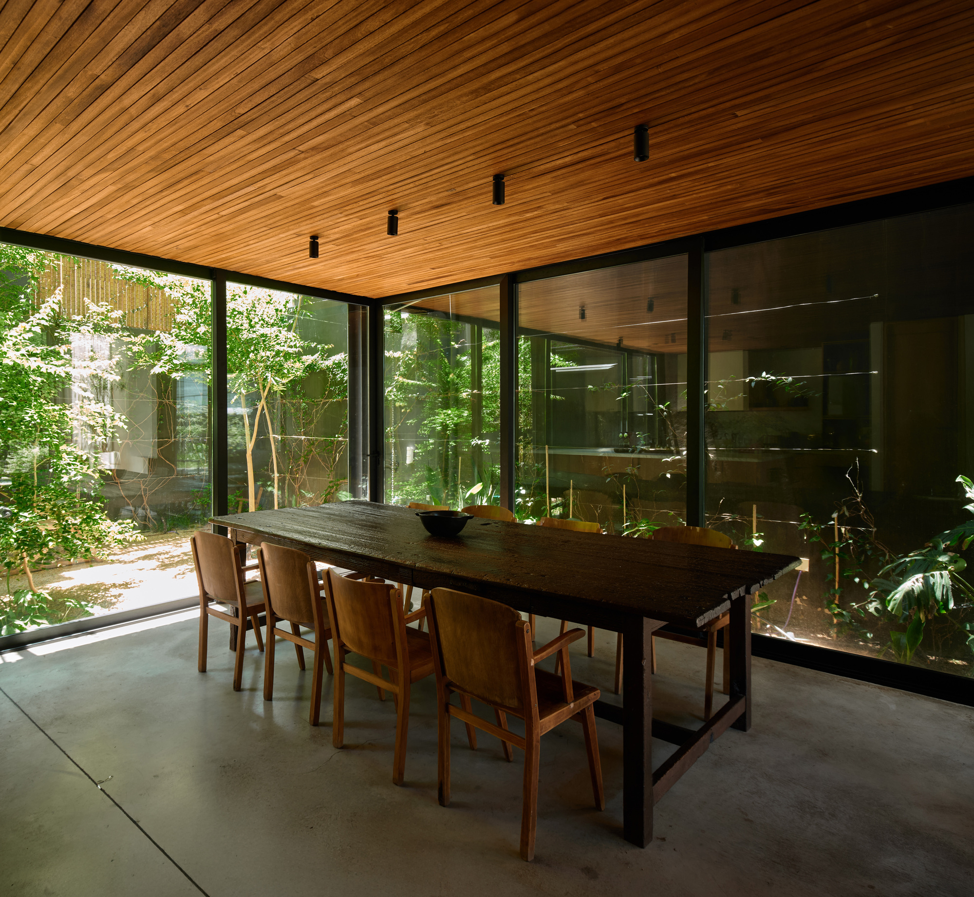 Long dark wood dining table with wooden chairs on a polished concrete floor, framed by glass walls opening to garden greenery