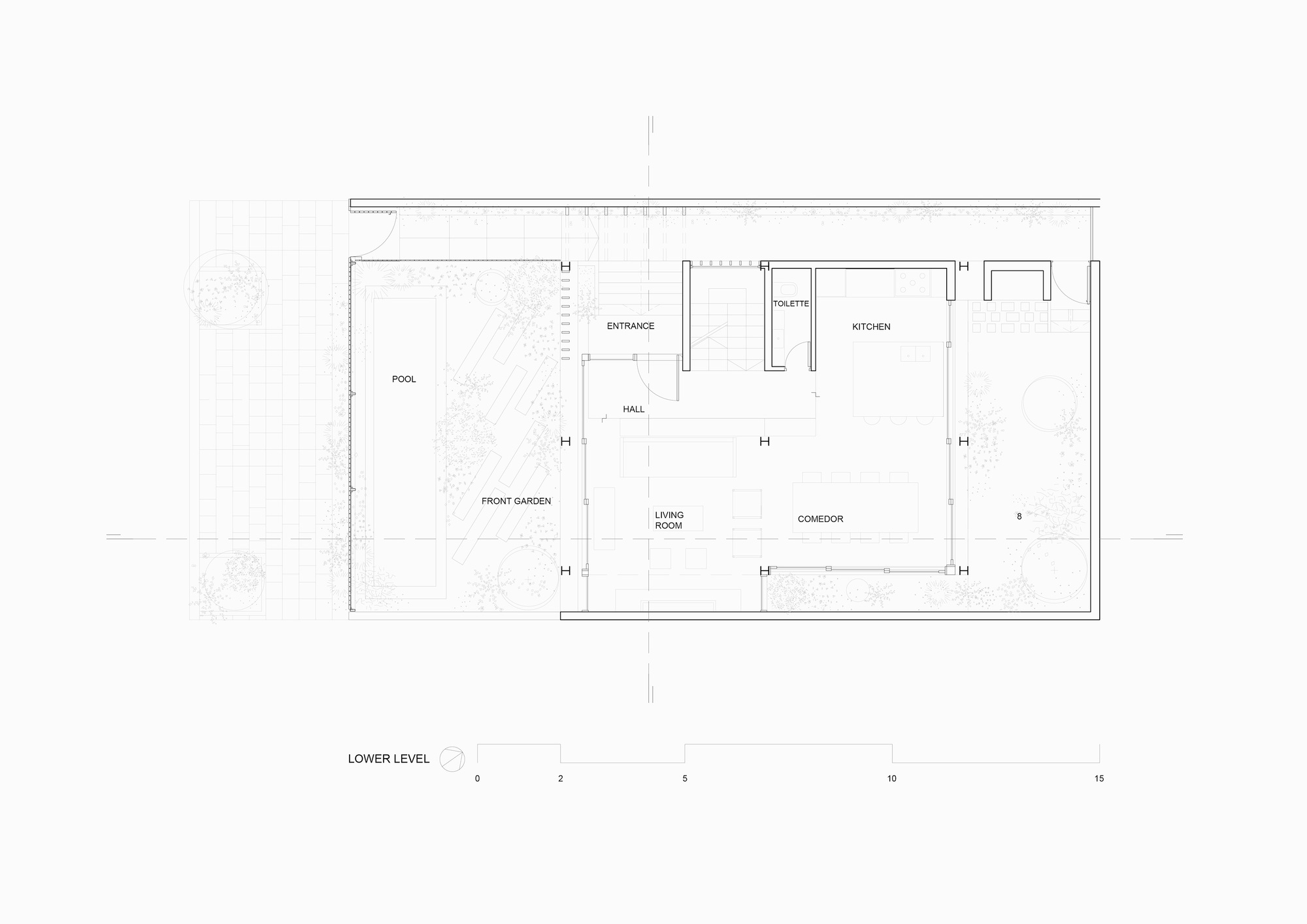 Lower level floor plan drawing showing pool, front garden, entrance, living room, dining area and kitchen arranged around a central hall