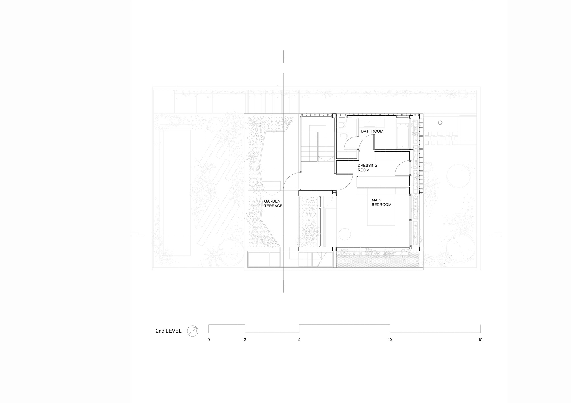 Second level floor plan drawing showing the main bedroom, dressing room, bathroom and a garden terrace beside the stair