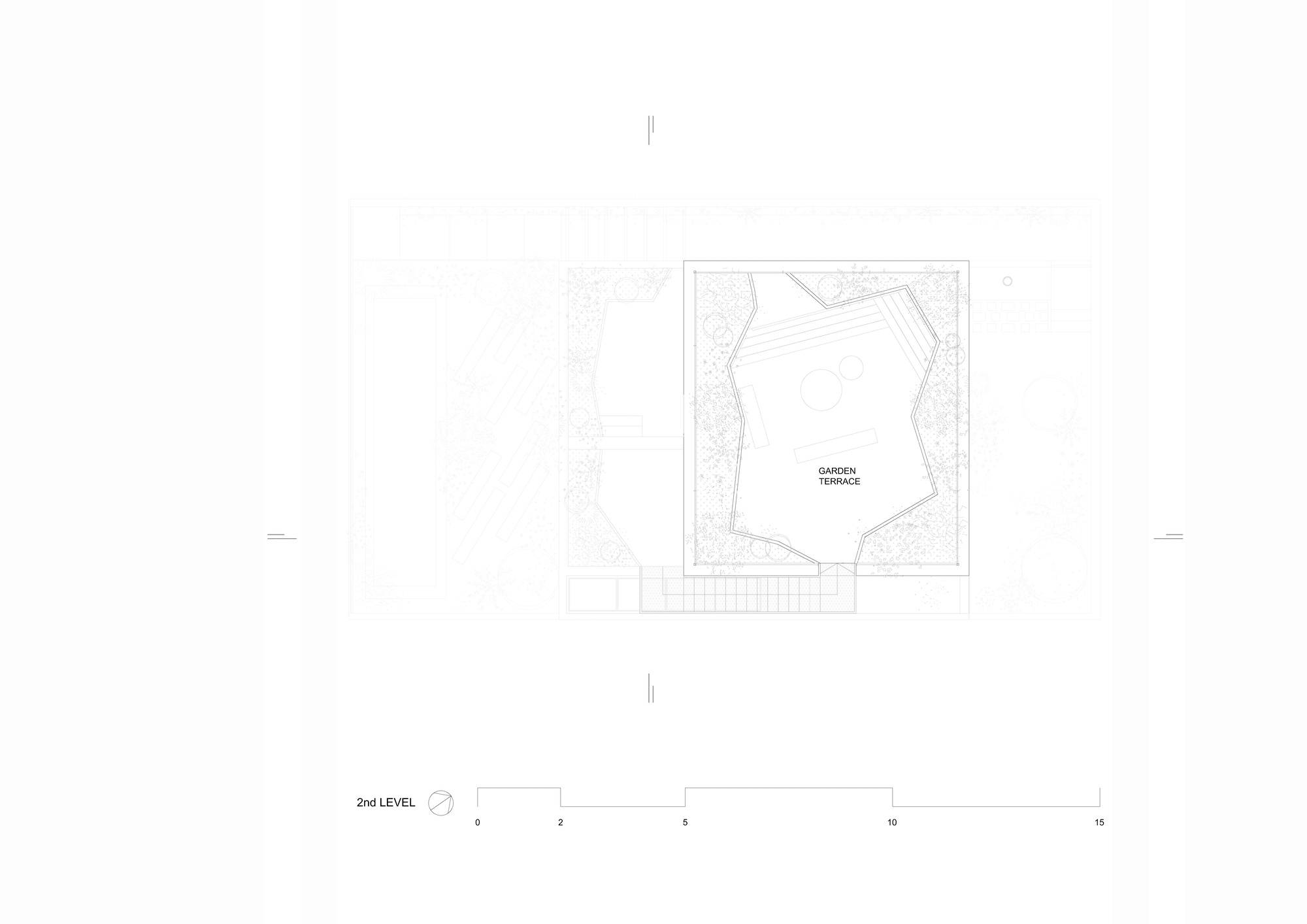 Roof level plan drawing of an irregular, polygonal garden terrace set within a square planted perimeter, with the lower floors faintly shown