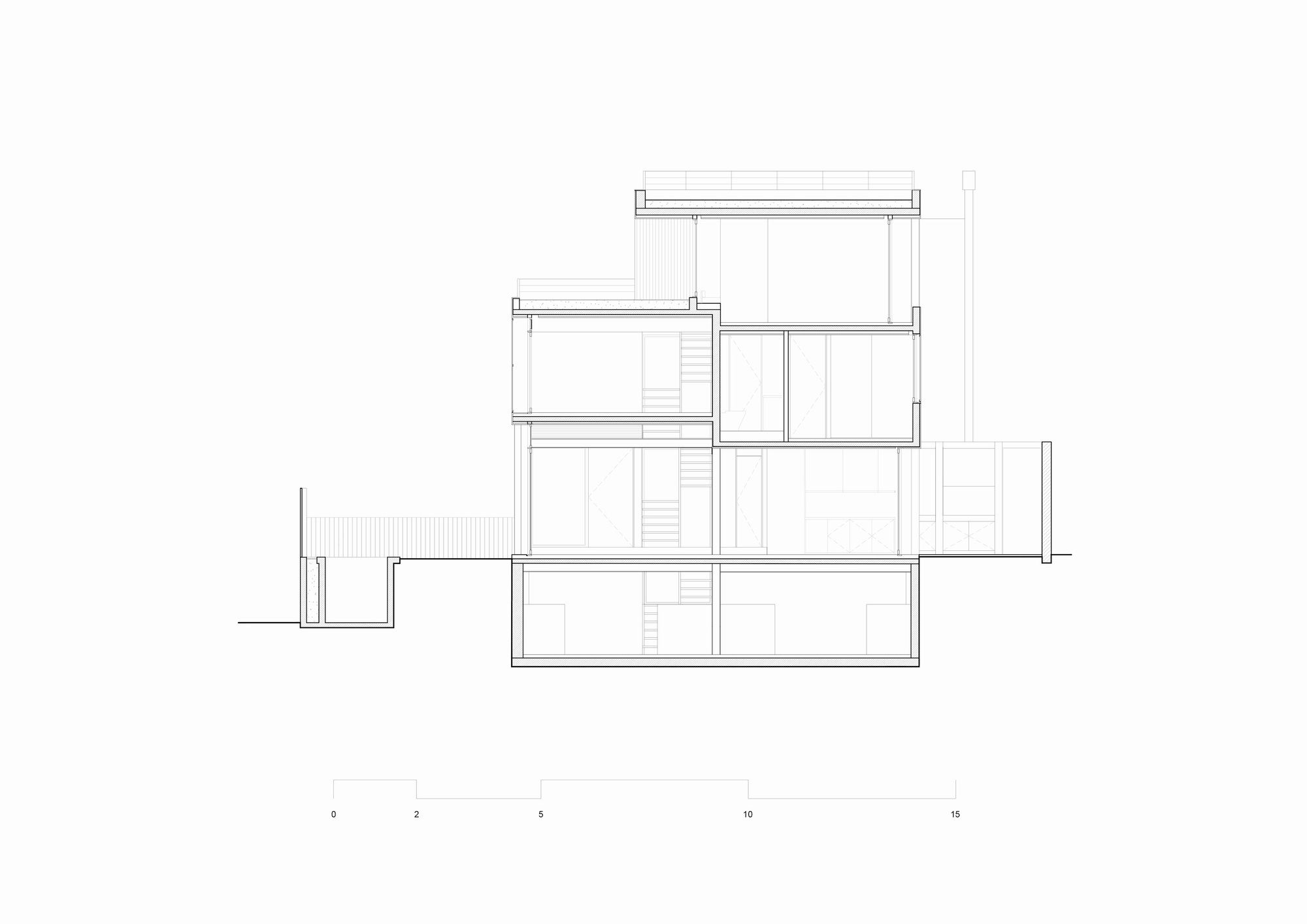 Section drawing cutting through a four-level house, showing stacked rooms, an internal stair and a basement slab stepping down the sloping site