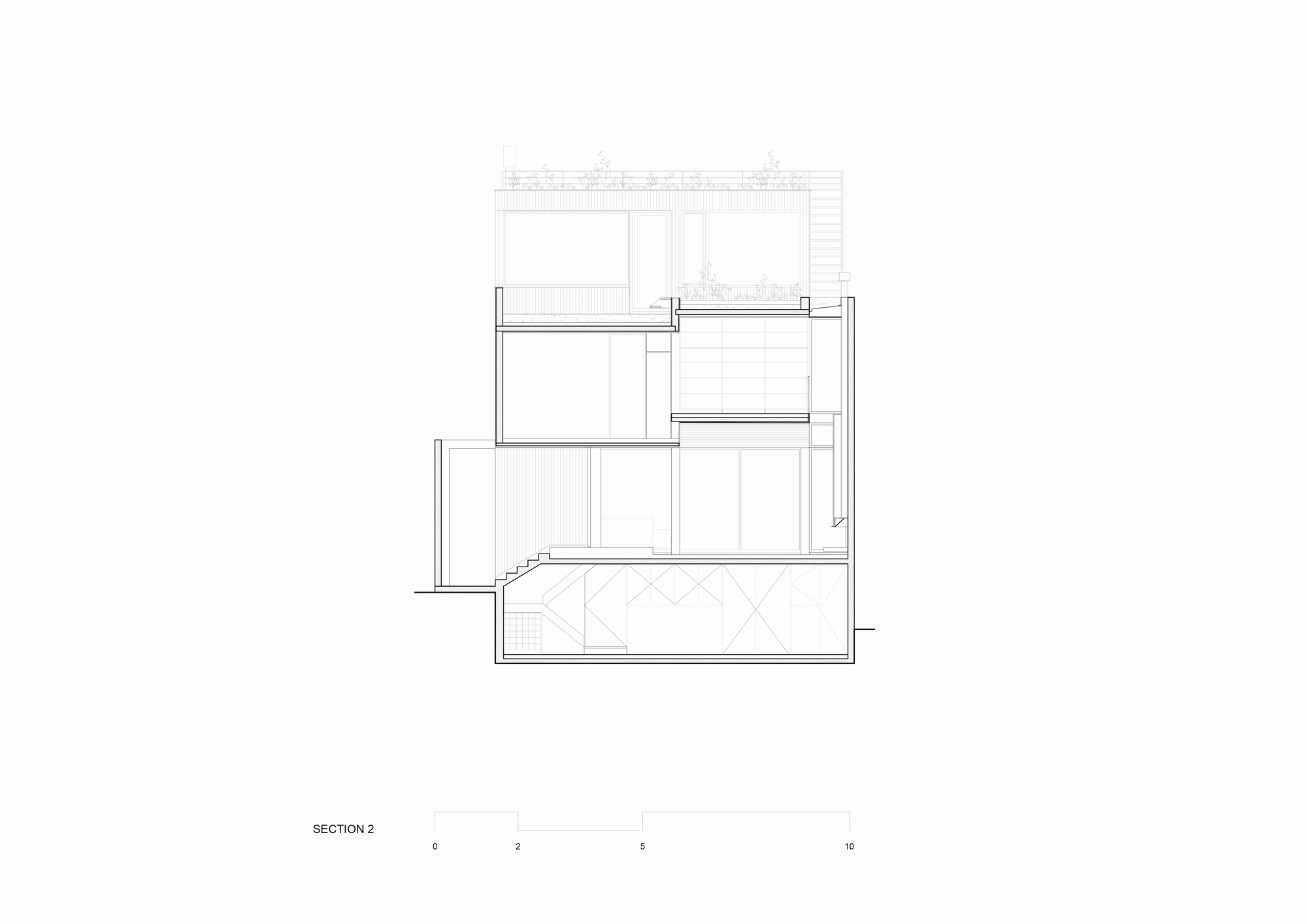 Section drawing of a multi-storey house with a basement room, a stepped entry and planted roof terraces at the top