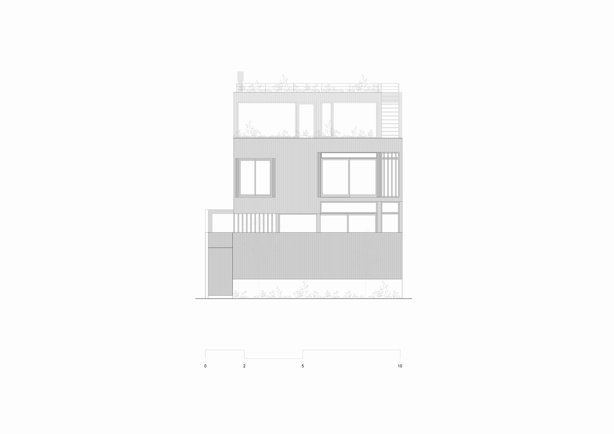 Elevation drawing of a stepped house facade with vertical cladding, framed windows, timber slats and a planted rooftop terrace