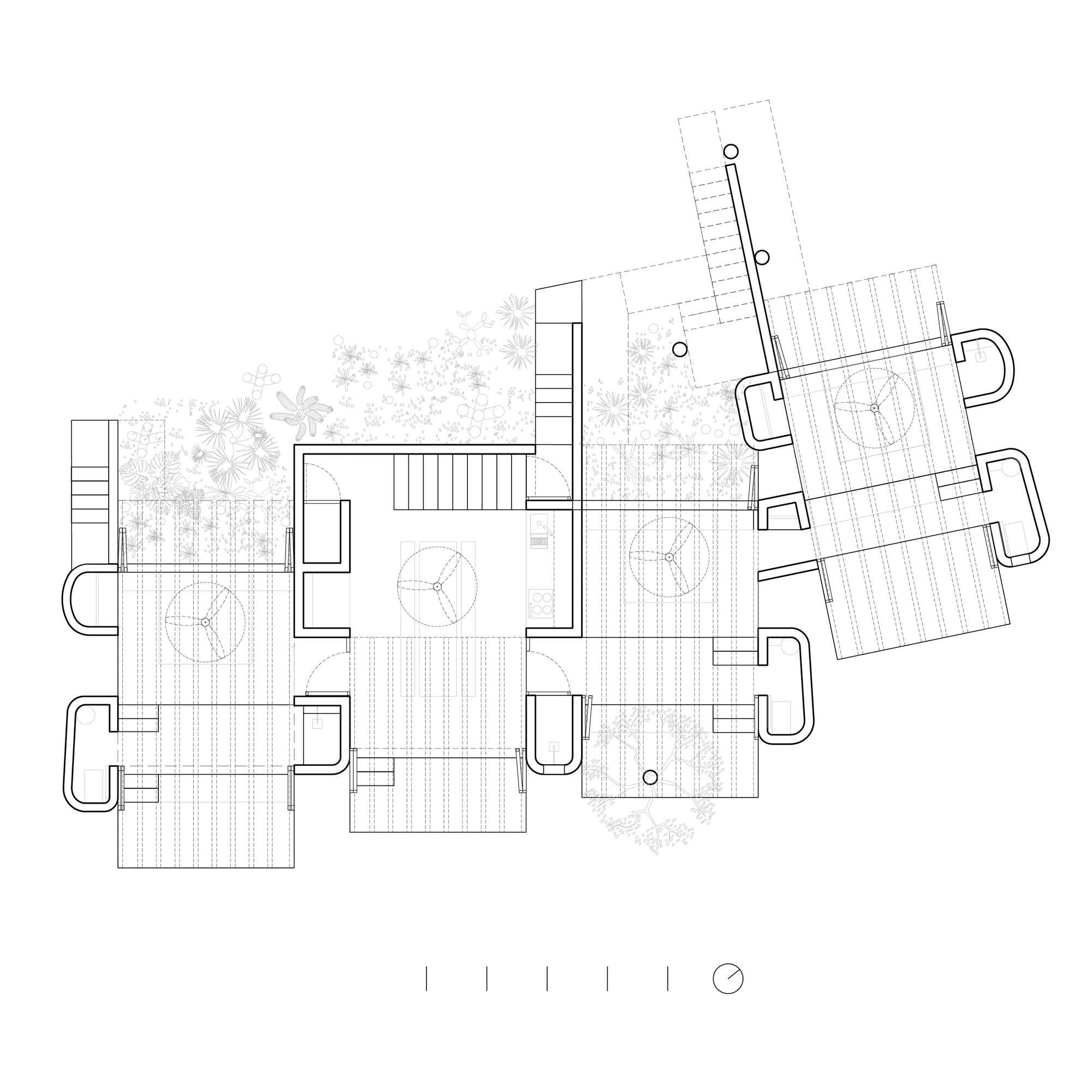 Floor plan drawing showing staggered pavilions with rounded concrete walls, ceiling fans, stairs and planted areas on a sloping site