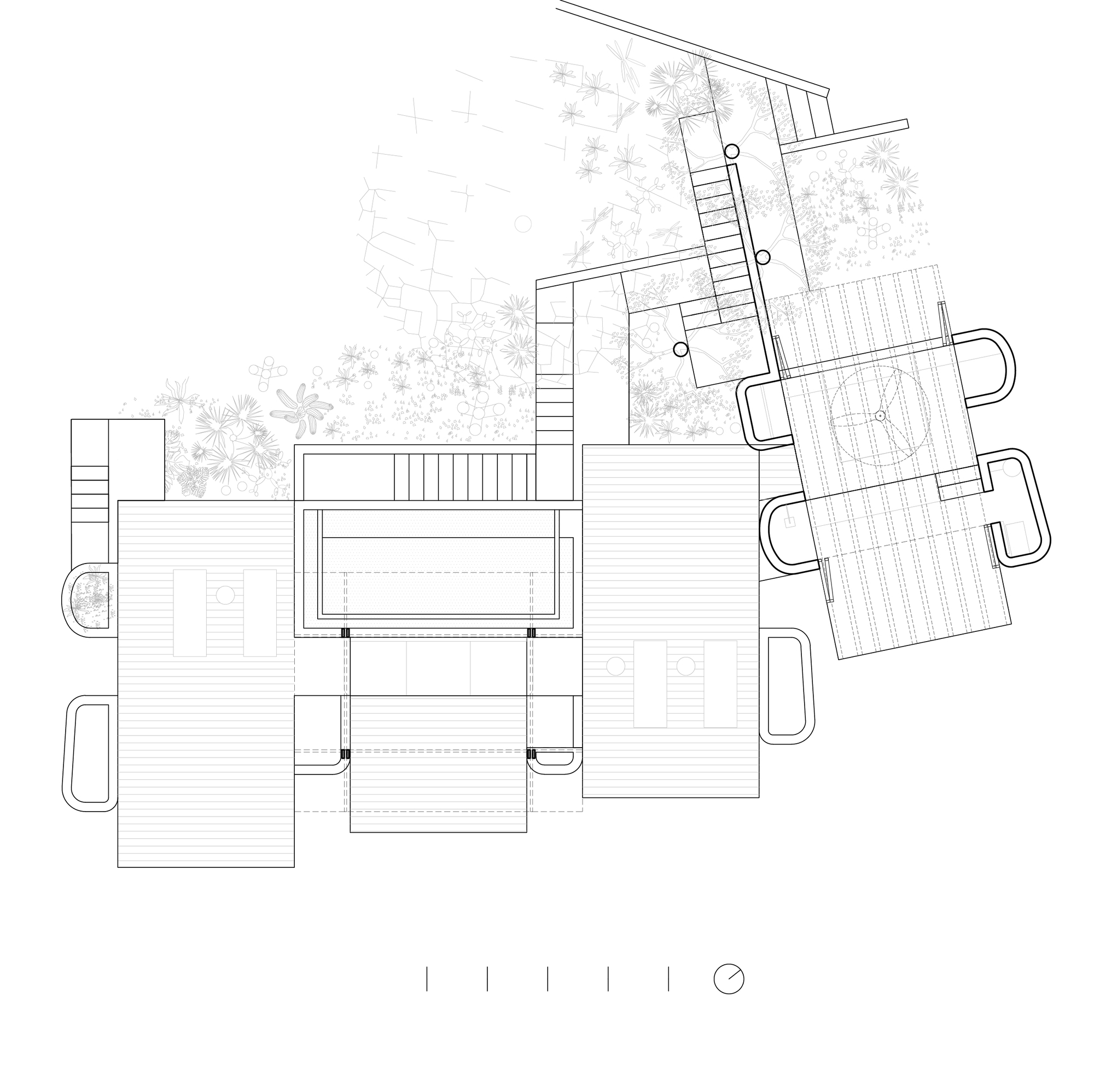 Upper level plan drawing showing a rectangular pool, timber decks, rounded wall elements and a stair climbing through planting