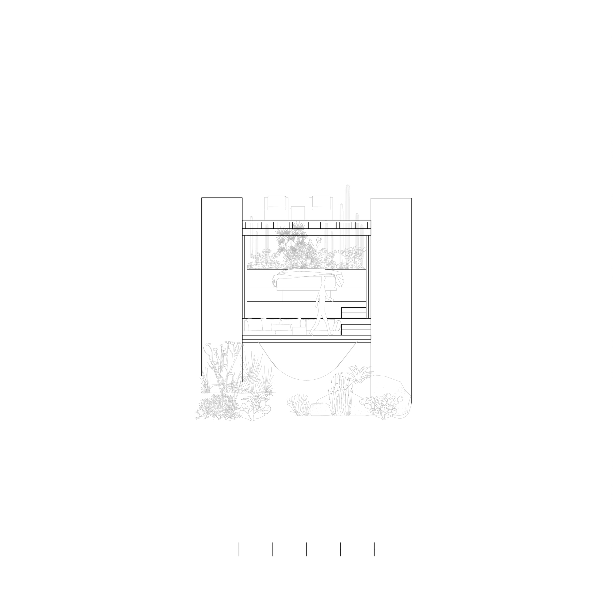 Elevation drawing of a glazed pavilion between two tall solid walls, with a figure on interior steps and desert plants below