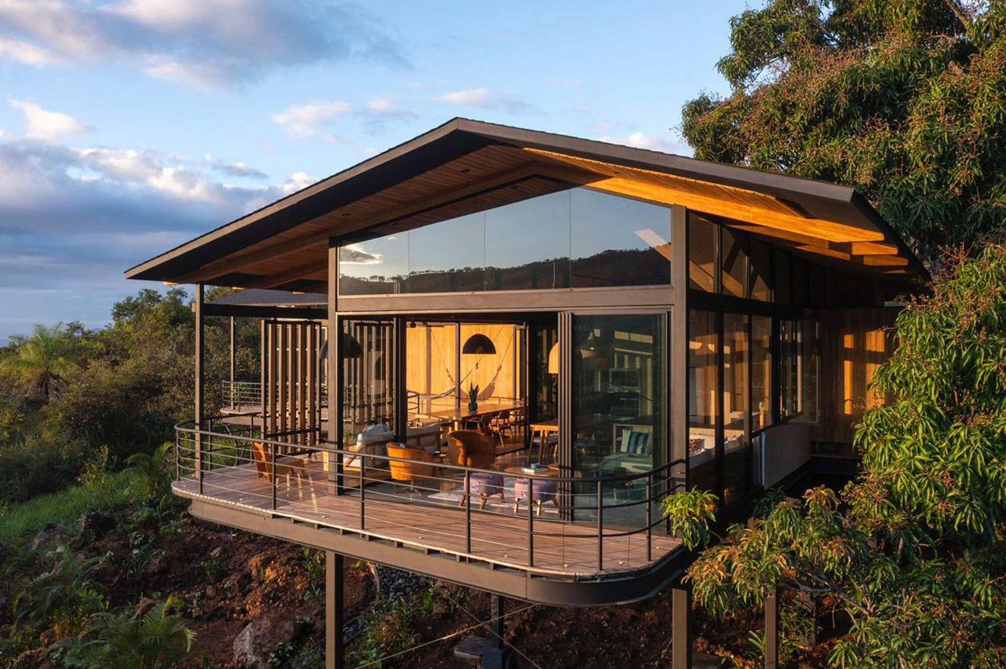 Glazed pavilion with a cantilevered curved deck and sloping roof, lit by warm low evening sun beside a leafy tree