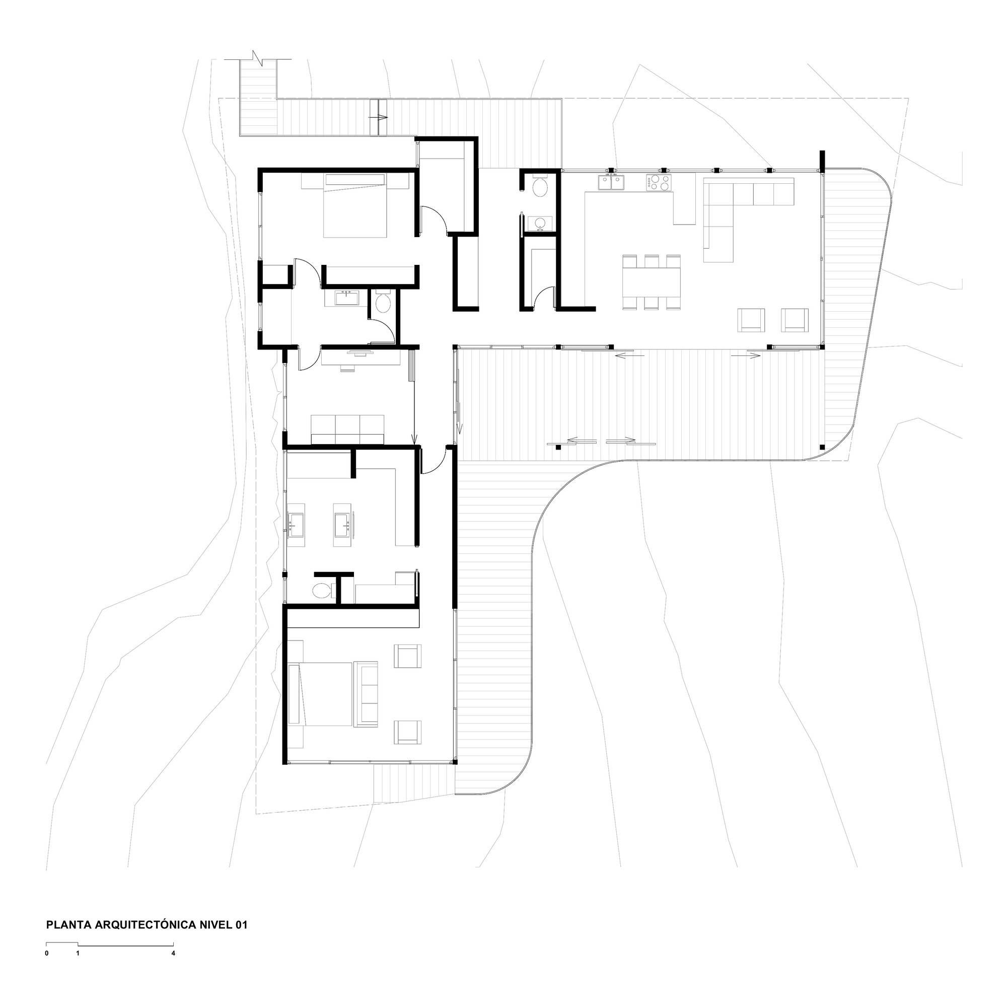 Floor plan drawing of the single level, with bedrooms and bathrooms along the west side and an open living area opening onto an L-shaped deck