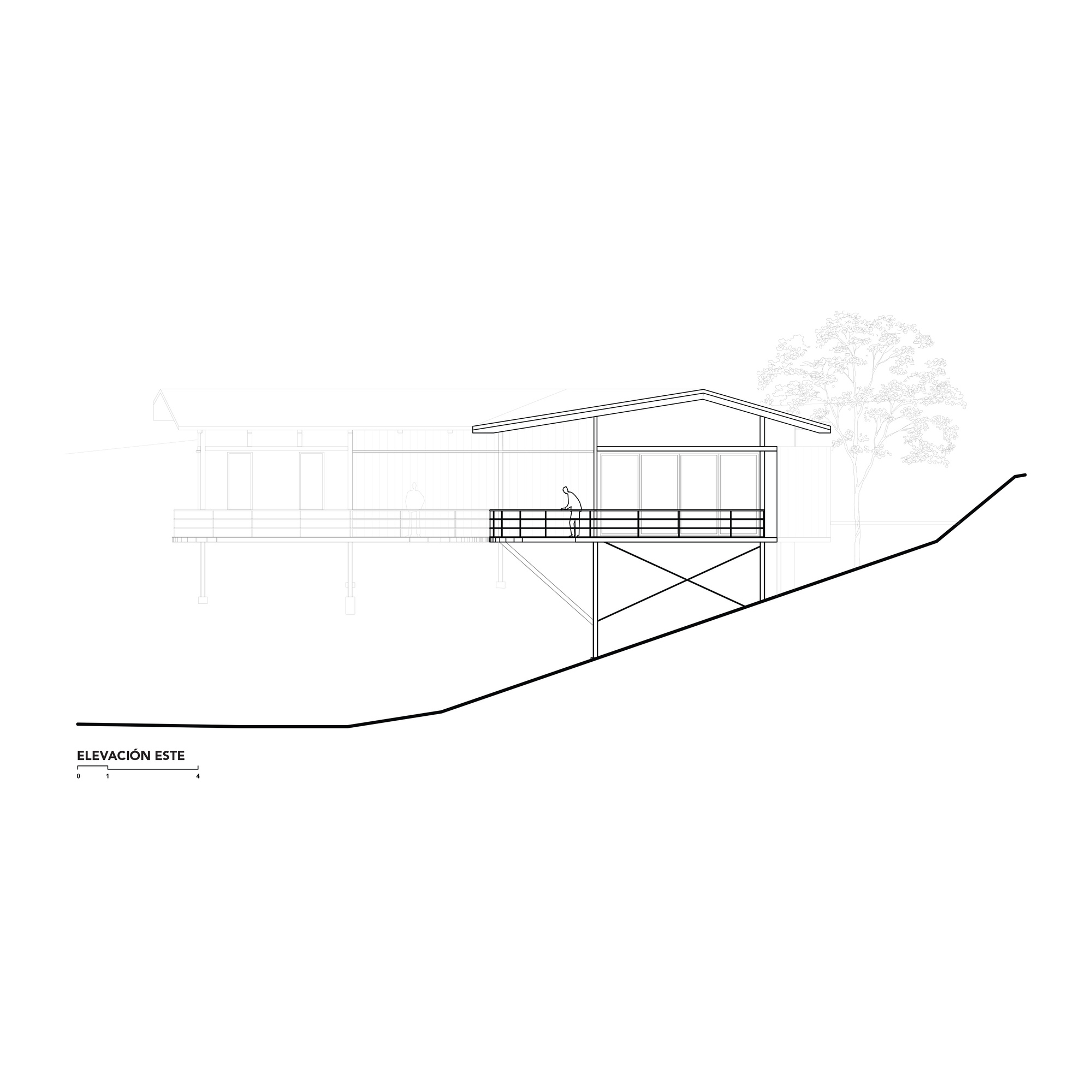 East elevation drawing showing the cantilevered deck and braced steel supports holding the house over a rising hillside, with a tree behind