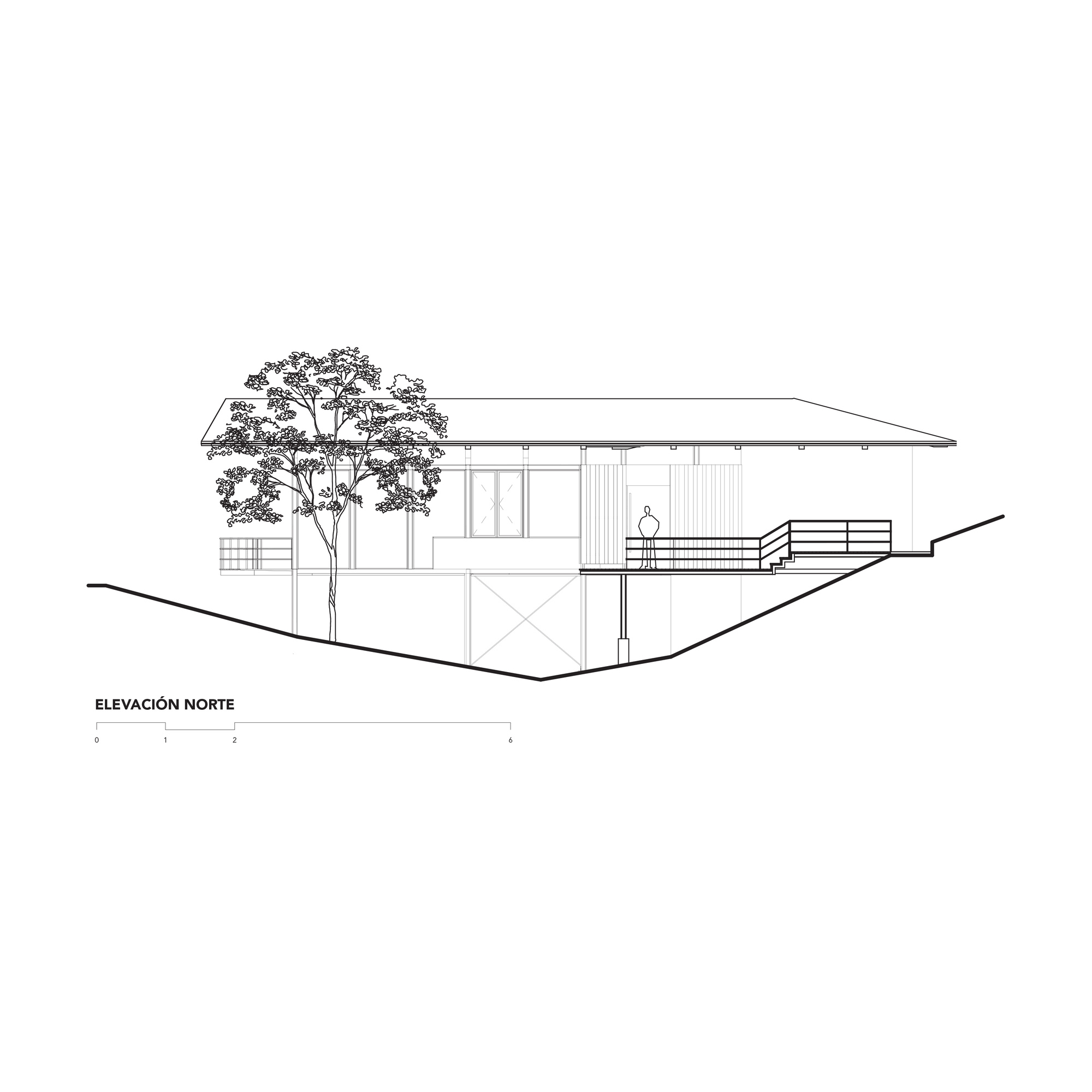 North elevation drawing of the long low roof above a cross-braced base, with a large tree at left and a stepped deck at right