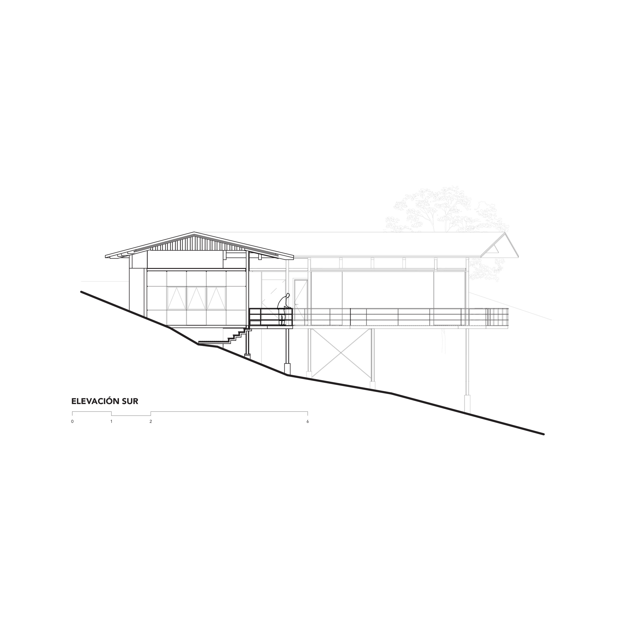 South elevation drawing of a pitched-roof house on stilts with cross-braced posts and a railed deck, set along a steep sloping site line