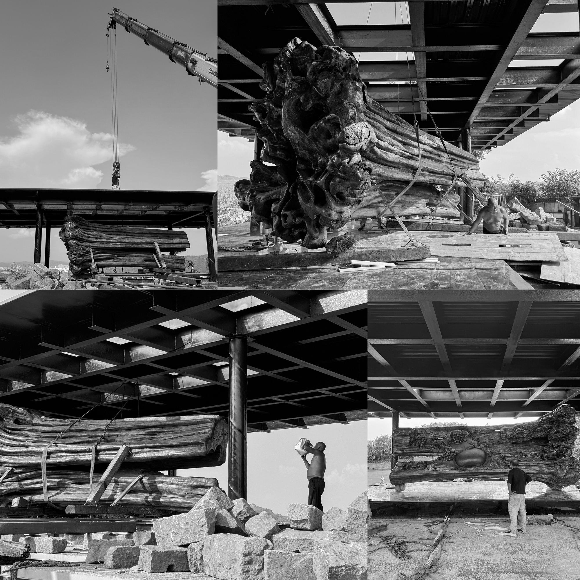 Four-panel black and white collage of massive gnarled timber logs lifted by crane and set beneath a steel roof, with workers and stacked rough stone