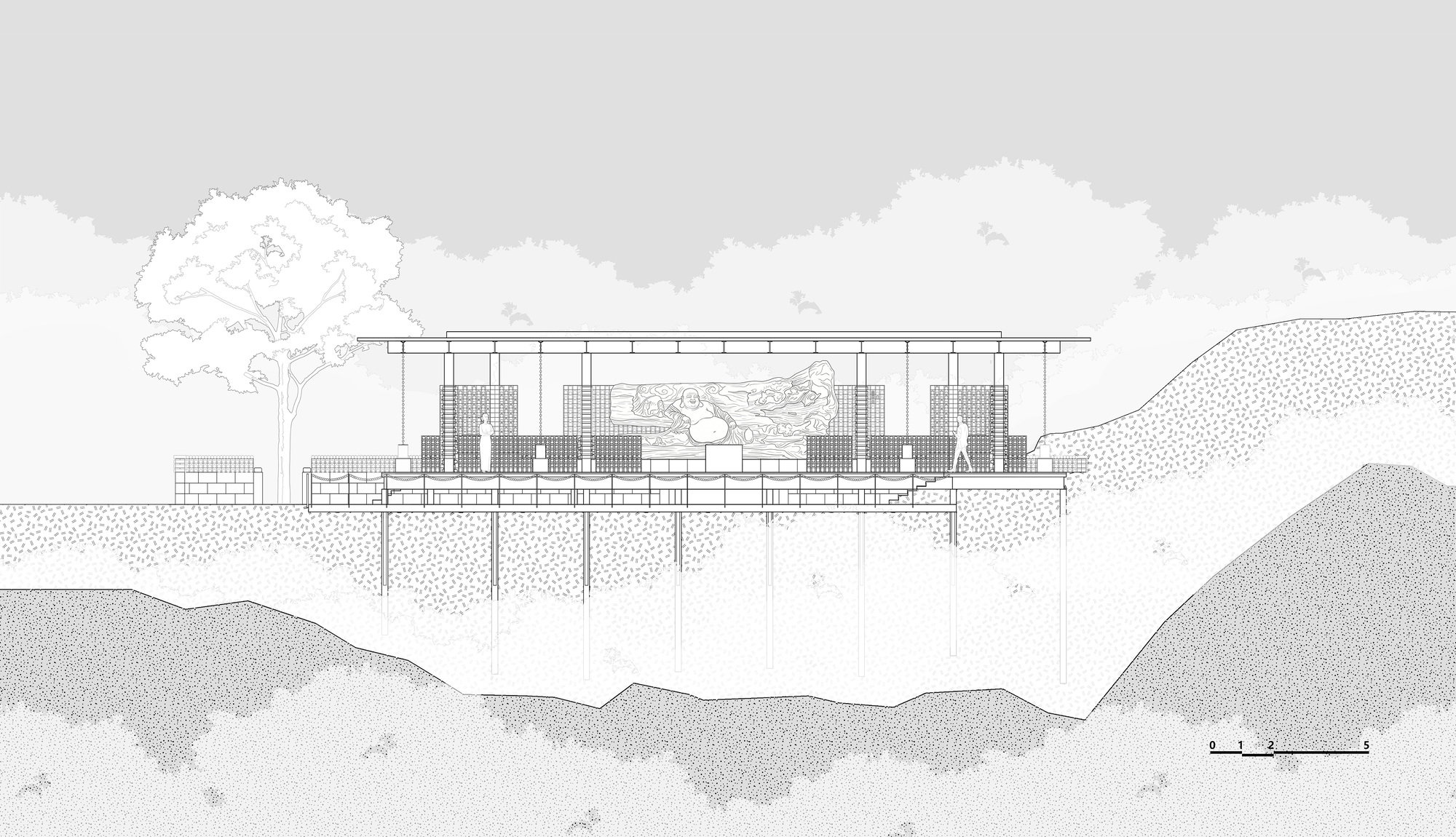 Section drawing of a pavilion on slender stilts above a sloping hillside, with a carved relief on the rear wall and a tree beside it