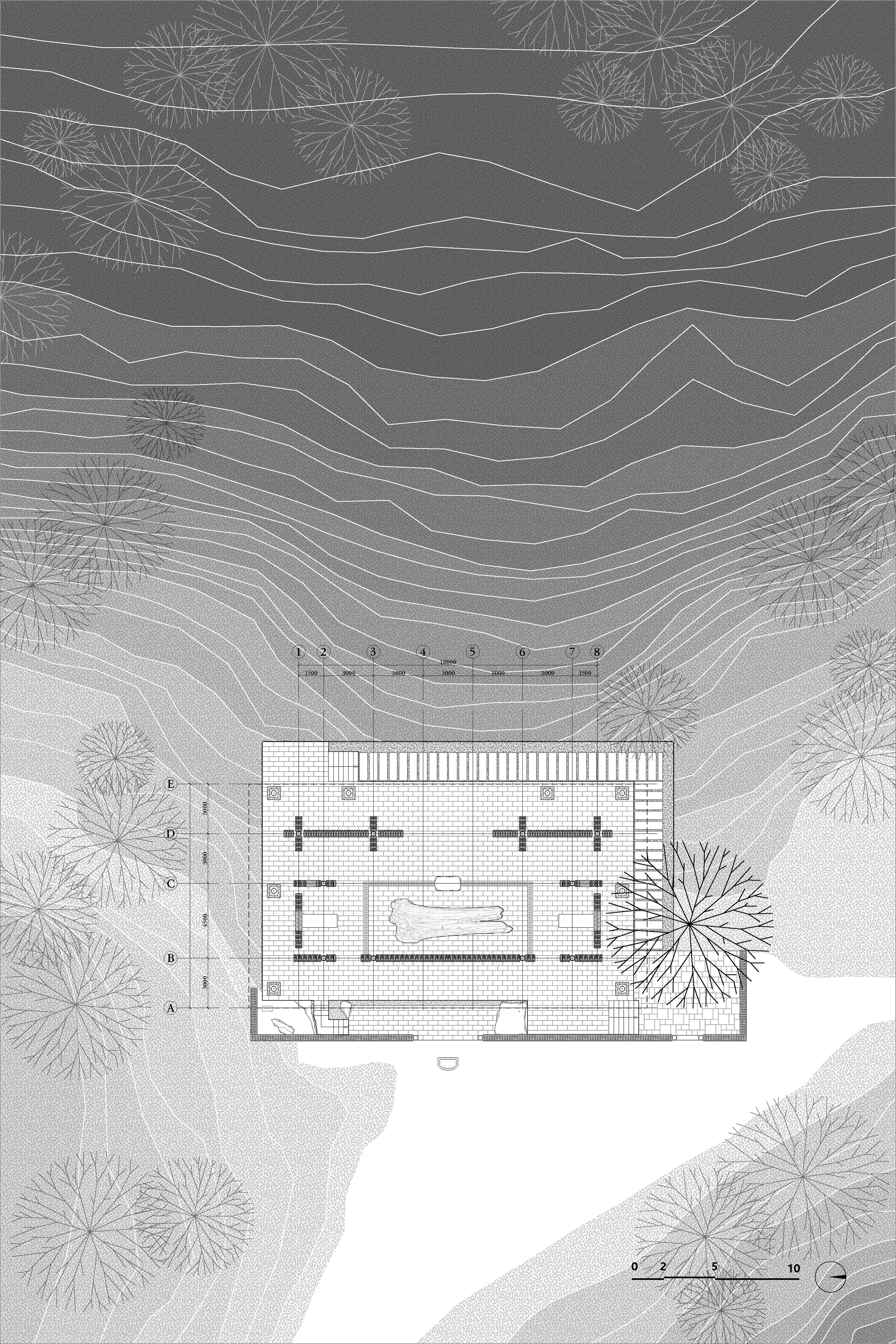 Site plan drawing of a rectangular pavilion on contour lines, with a central sculpture plinth, column grid and surrounding trees