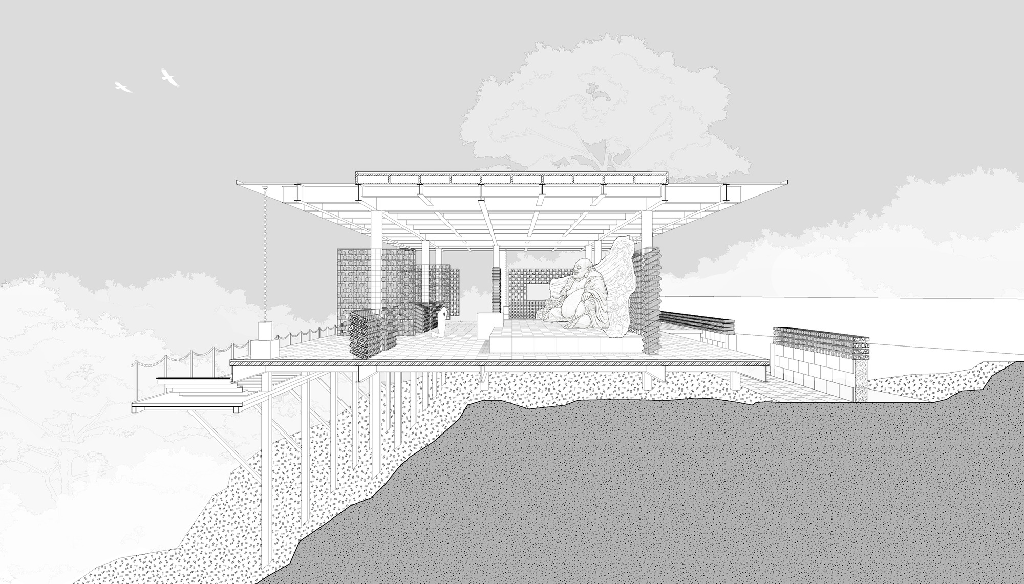 Cutaway section drawing of an open pavilion with a flat roof, stacked timber screens and a seated figure sculpture, cantilevered over a rocky slope with birds o