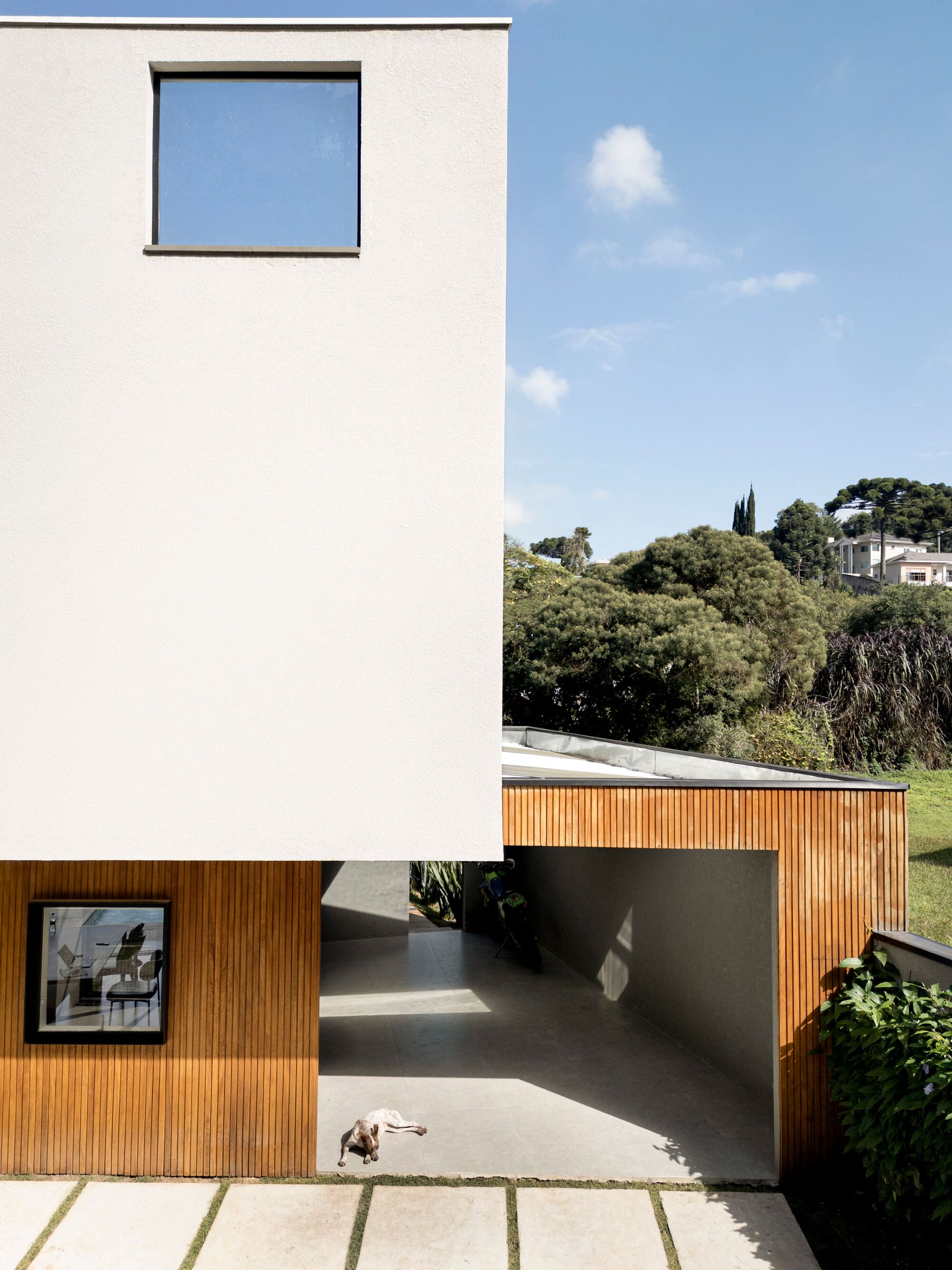 Side view of the carport under the cantilevered white volume, with a cat resting on the concrete floor in sunlight