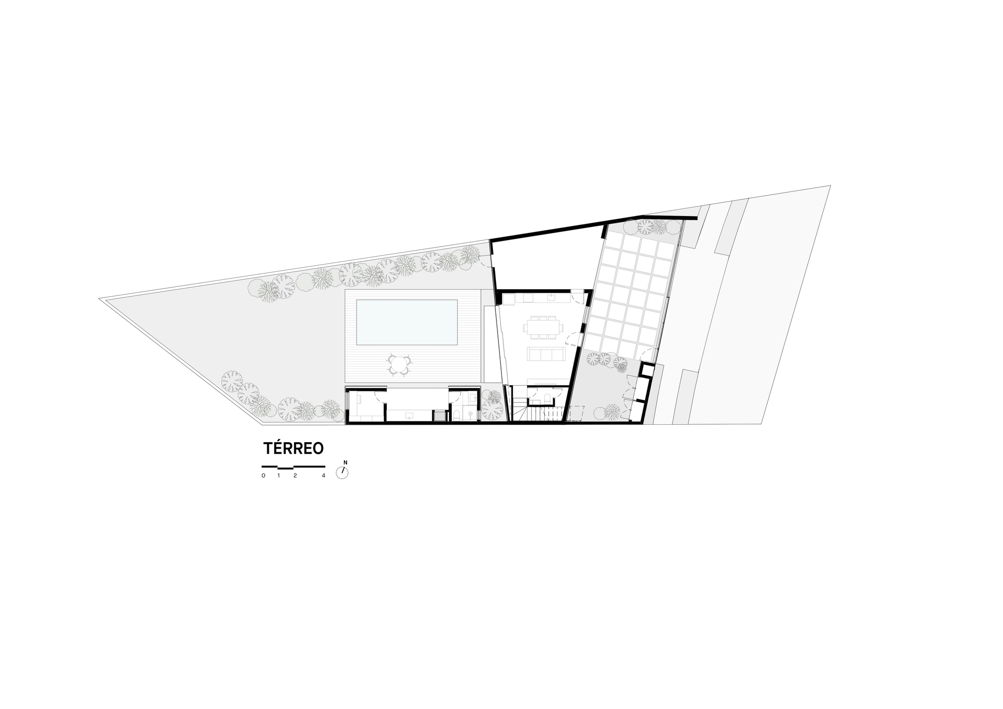 Ground floor plan drawing of an irregular wedge-shaped lot showing the pool, deck, living and dining volume, stair and gridded covered terrace