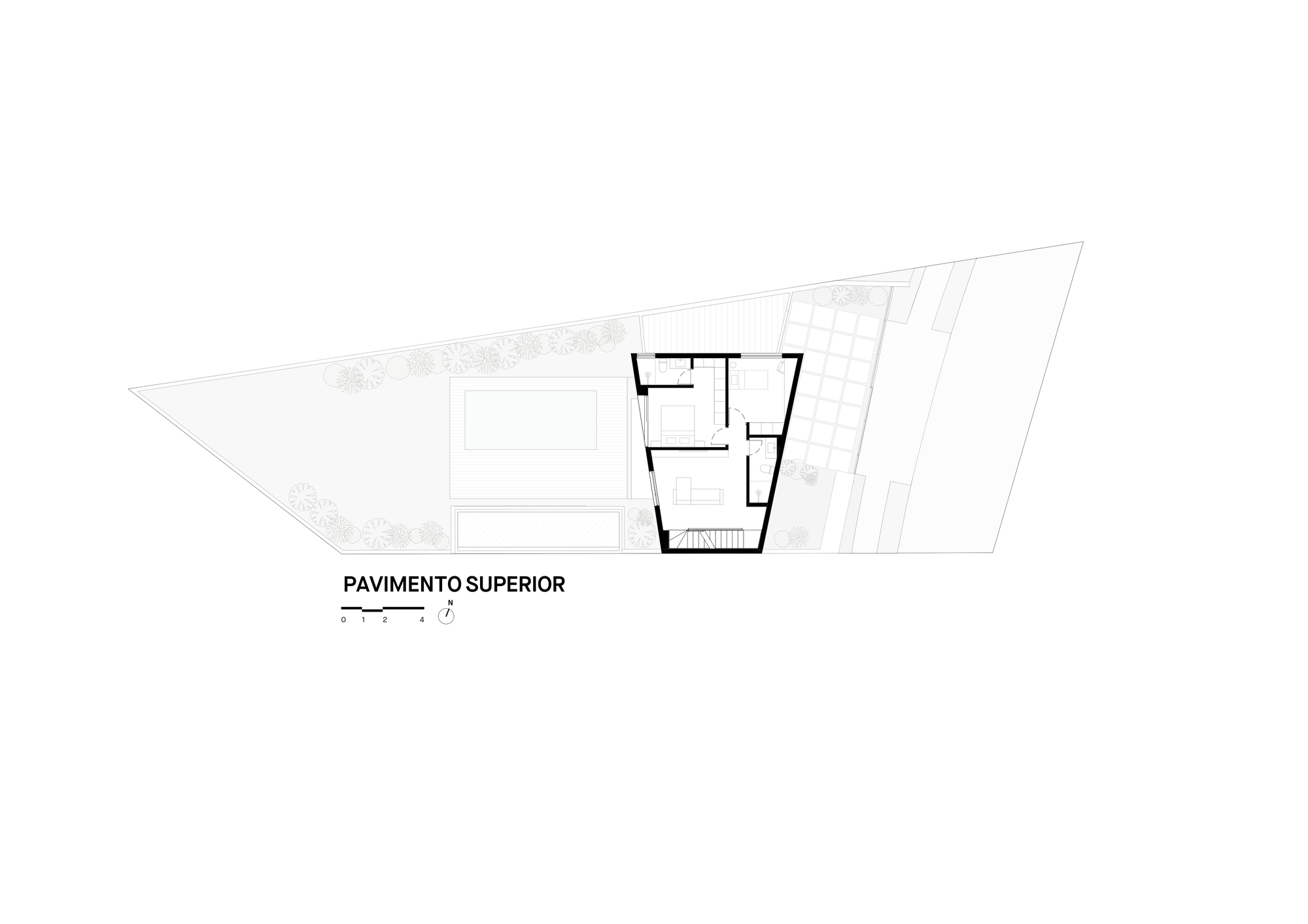 Upper floor plan drawing showing a compact trapezoidal volume of bedrooms and a stair within the same wedge-shaped site