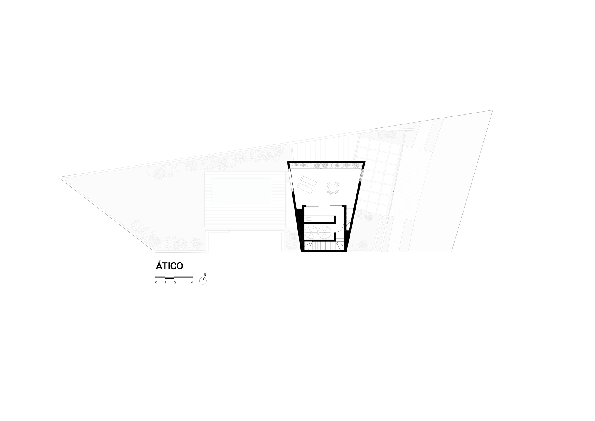 Attic floor plan drawing showing a small trapezoidal volume with a stair core and an open terrace with furniture