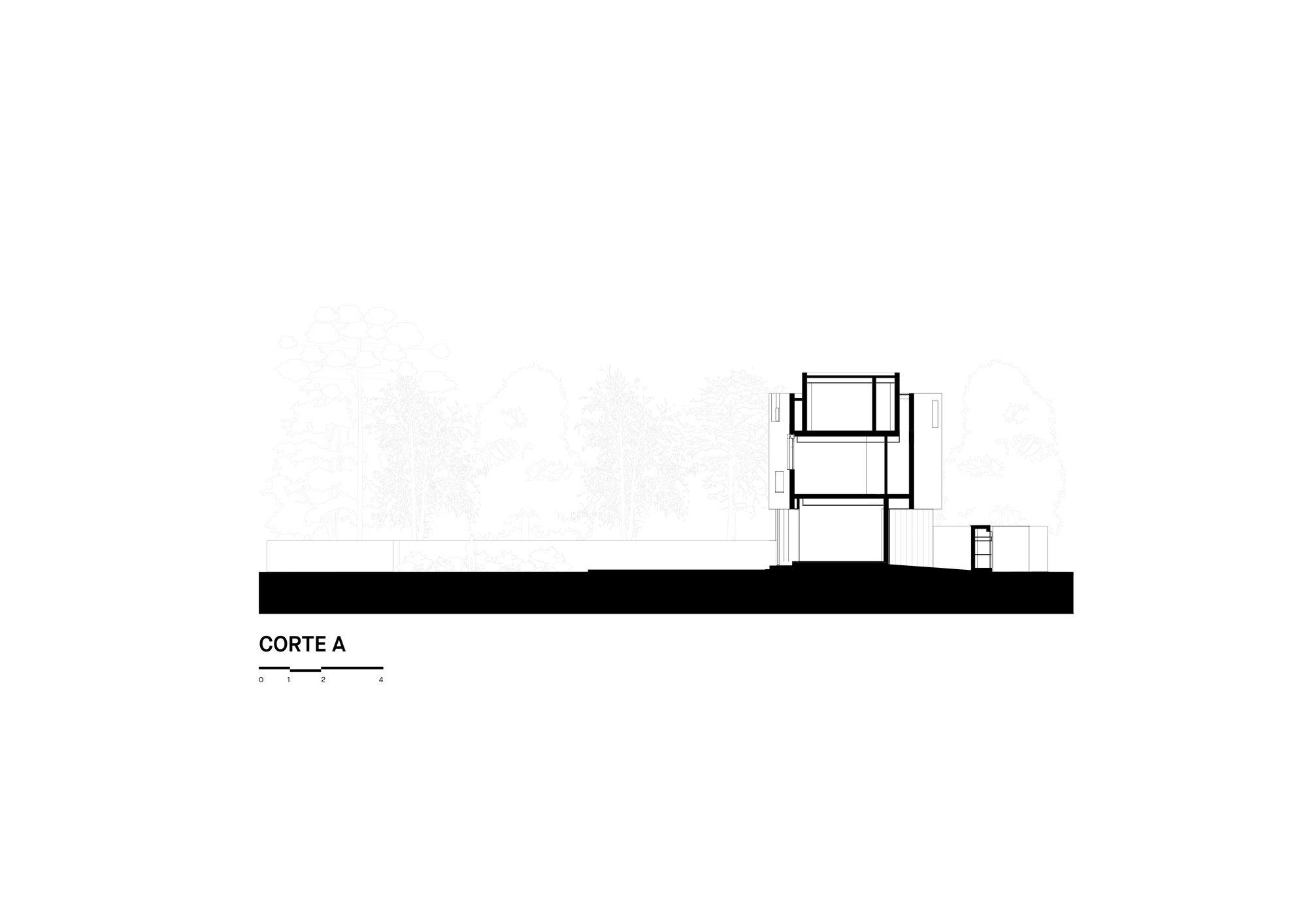 Section drawing labeled Corte A showing a three-storey volume with a roof terrace, set against faint tree outlines and a low boundary wall