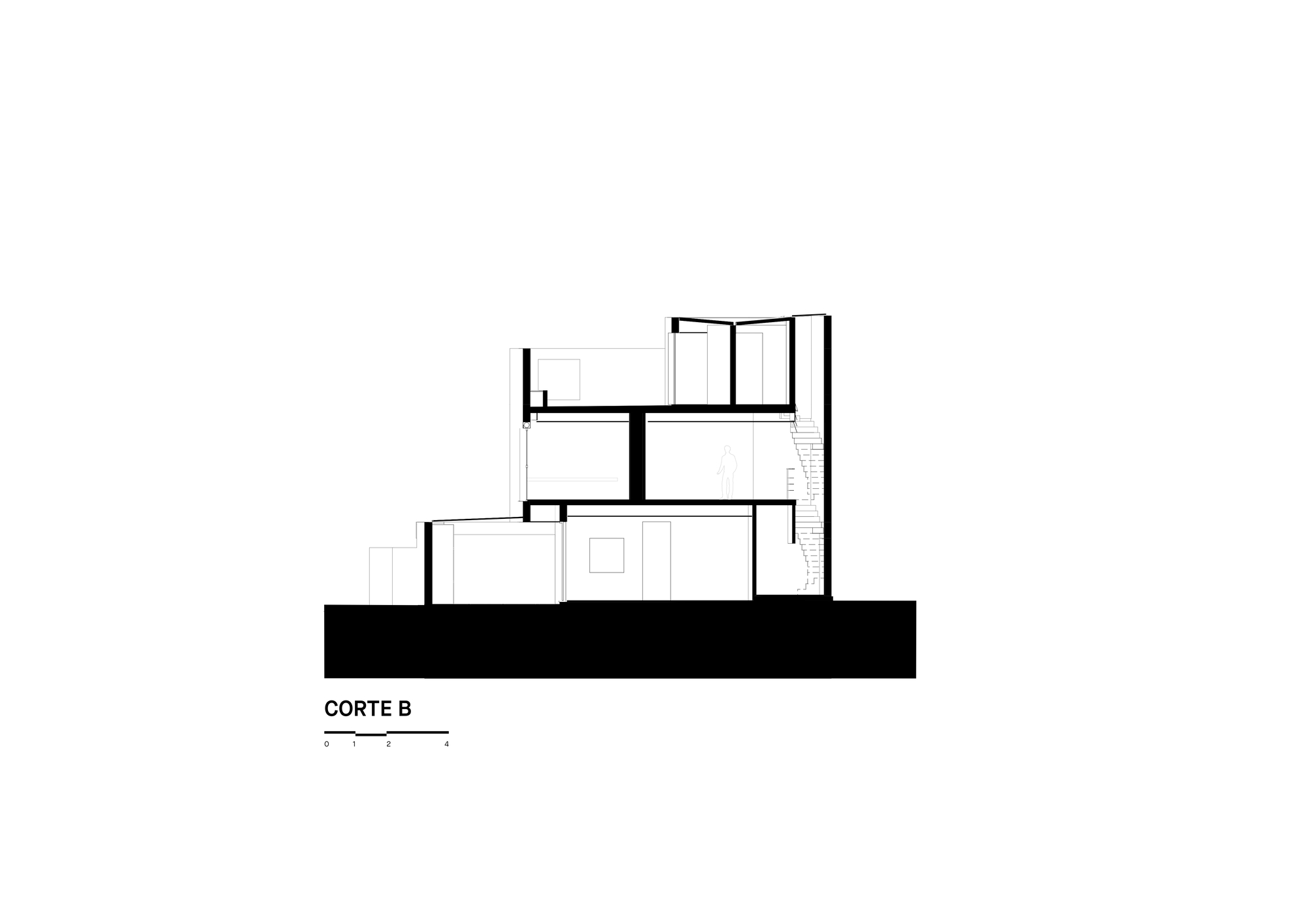 Section drawing labeled Corte B cutting through stacked floors, a double-height void and a stair along the tall right-hand wall, with a figure outlined