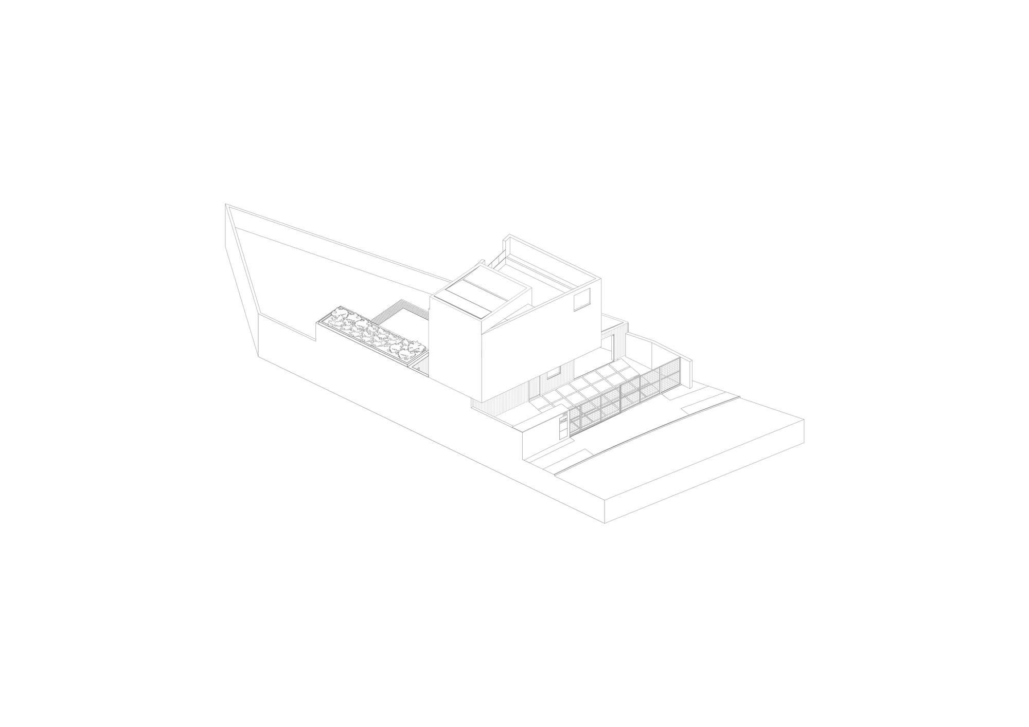 Axonometric drawing of the house on a wedge-shaped lot, with a gridded front gate, a planted roof box and a skylit upper volume