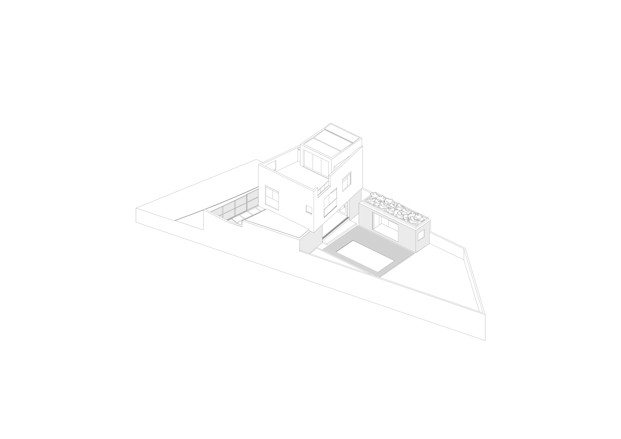 Axonometric drawing of the stepped house on a triangular plot, showing a courtyard with pool, a planted-roof pavilion and a gridded gate at left