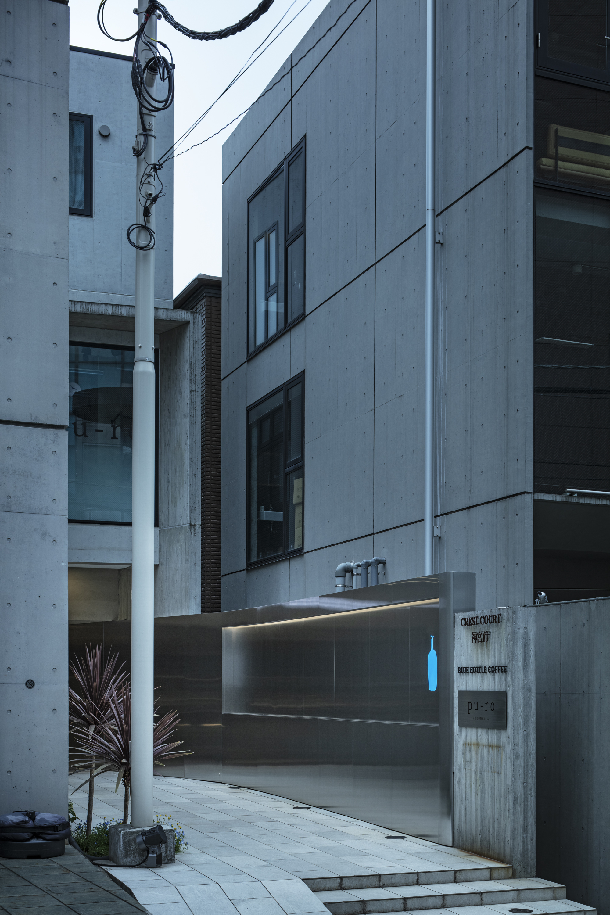 Narrow paved lane with concrete facades, a utility pole, red-leaved plants and a steel wall under an overcast sky
