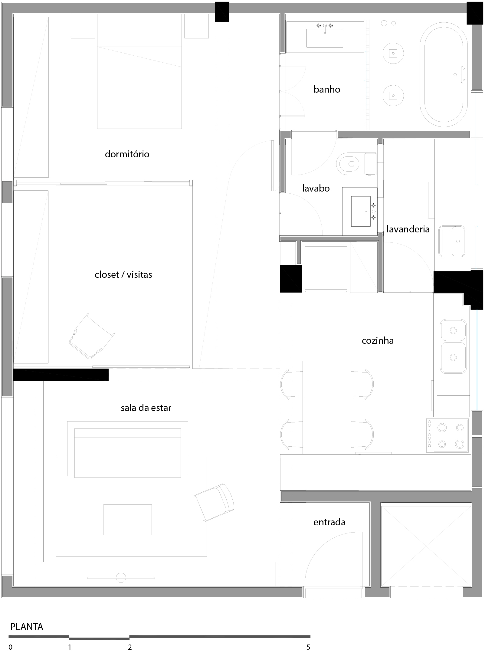 Labeled floor plan drawing showing bedroom, closet, bathroom, kitchen, laundry, living room and entrance in a compact rectangular apartment
