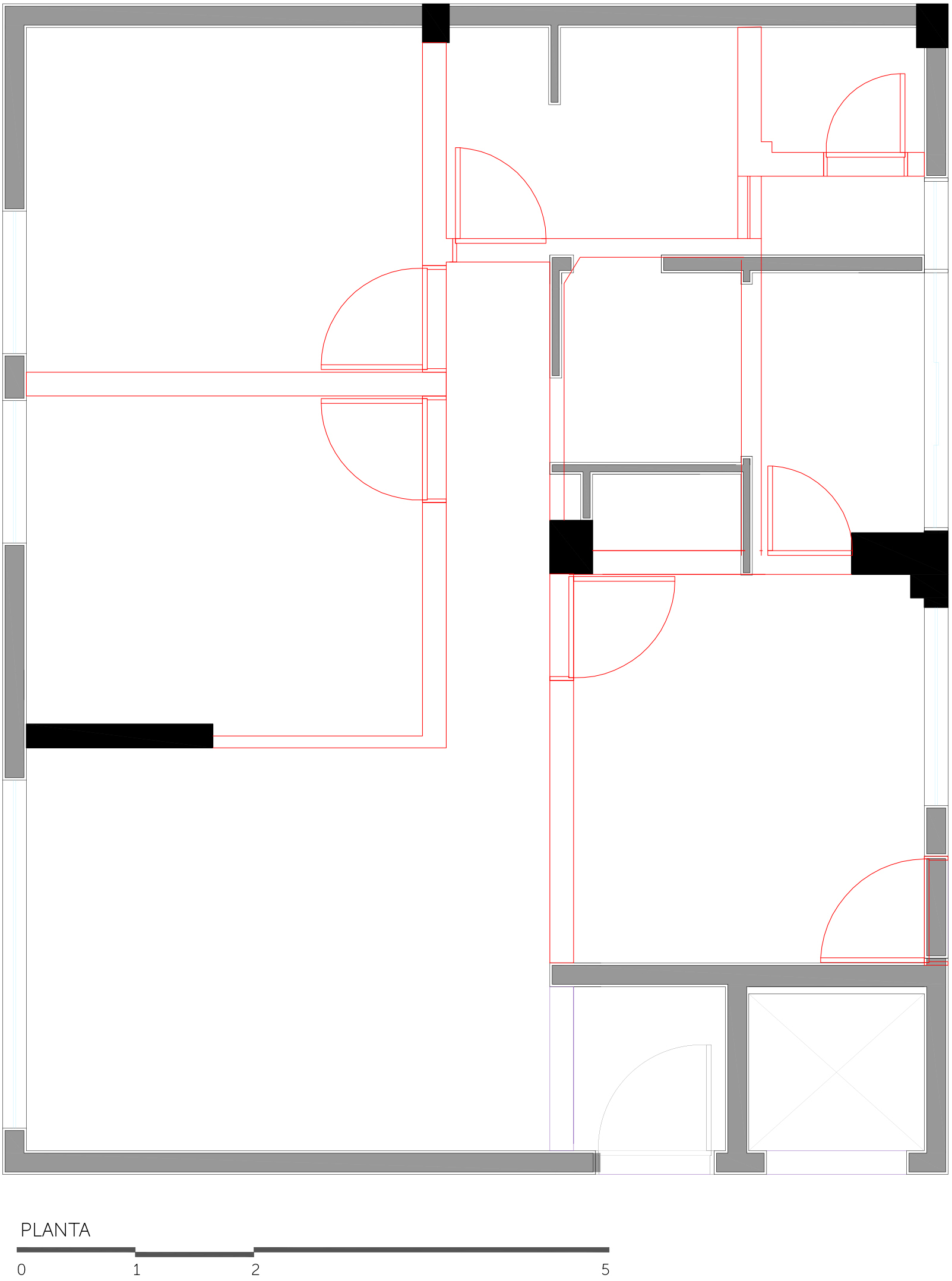 Floor plan drawing of the existing layout with red lines marking door swings and partitions over grey walls and black columns