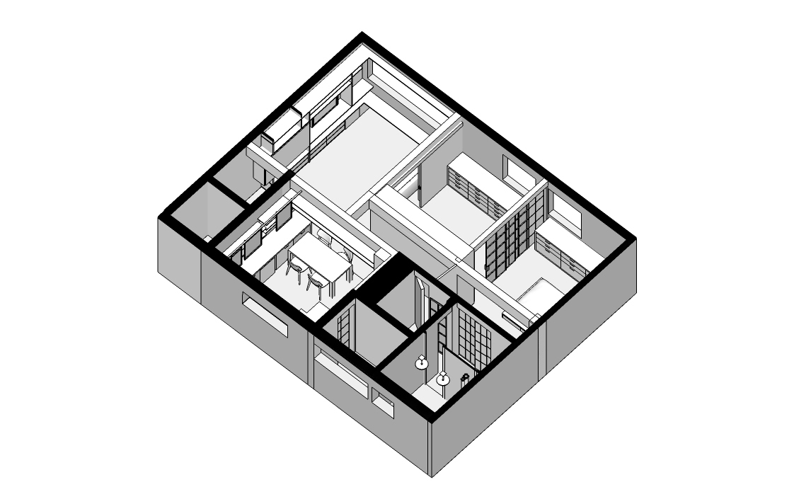 Isometric axonometric drawing of the apartment with cutaway walls revealing the kitchen table, shelving, bathroom and bedroom volumes
