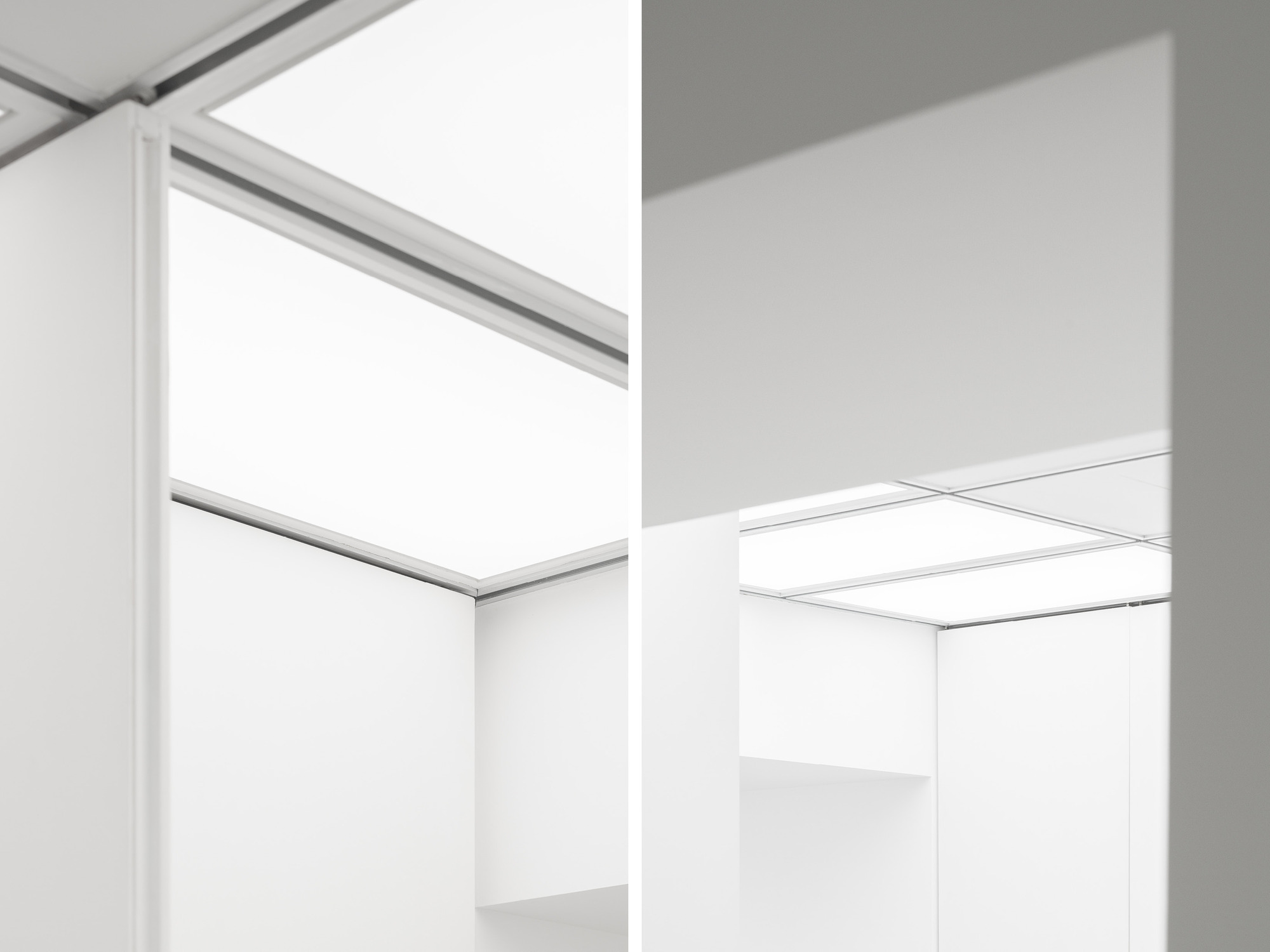 Paired close-ups of luminous ceiling panels meeting white partition walls, with soft shadow falling across the right frame