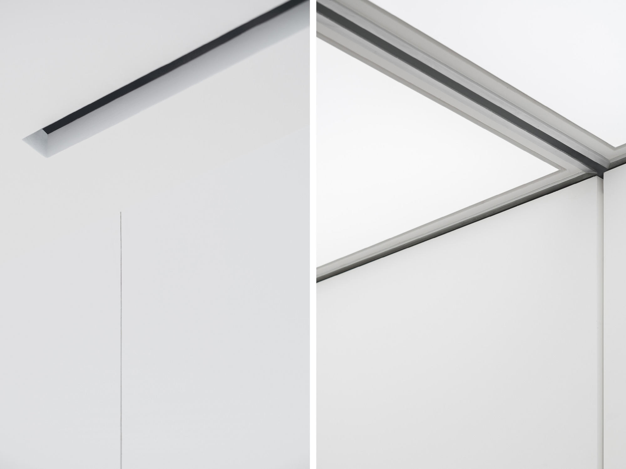 Paired details of a recessed shadow gap in a white wall and a framed light panel edge at a ceiling corner
