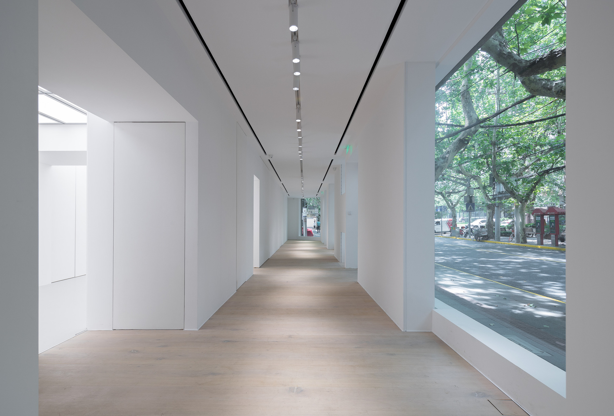 White gallery corridor with pale timber floor, recessed track lights and a large window onto sunlit plane trees