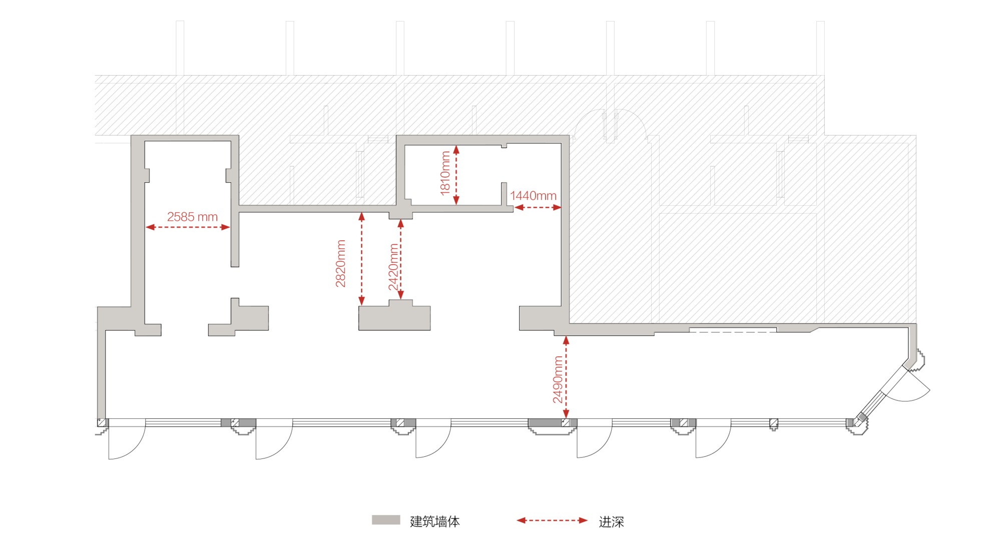 Floor plan drawing of a ground-floor space with wall thicknesses in grey and red dimension lines marking depths between walls