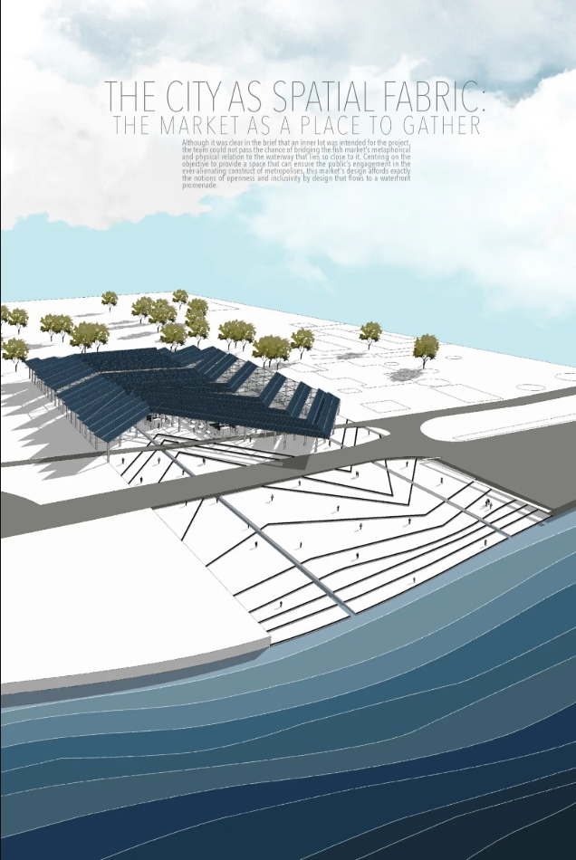 An urban marketplace envisioned as a connected spatial fabric, bringing people together through open public spaces and sustainable architecture.