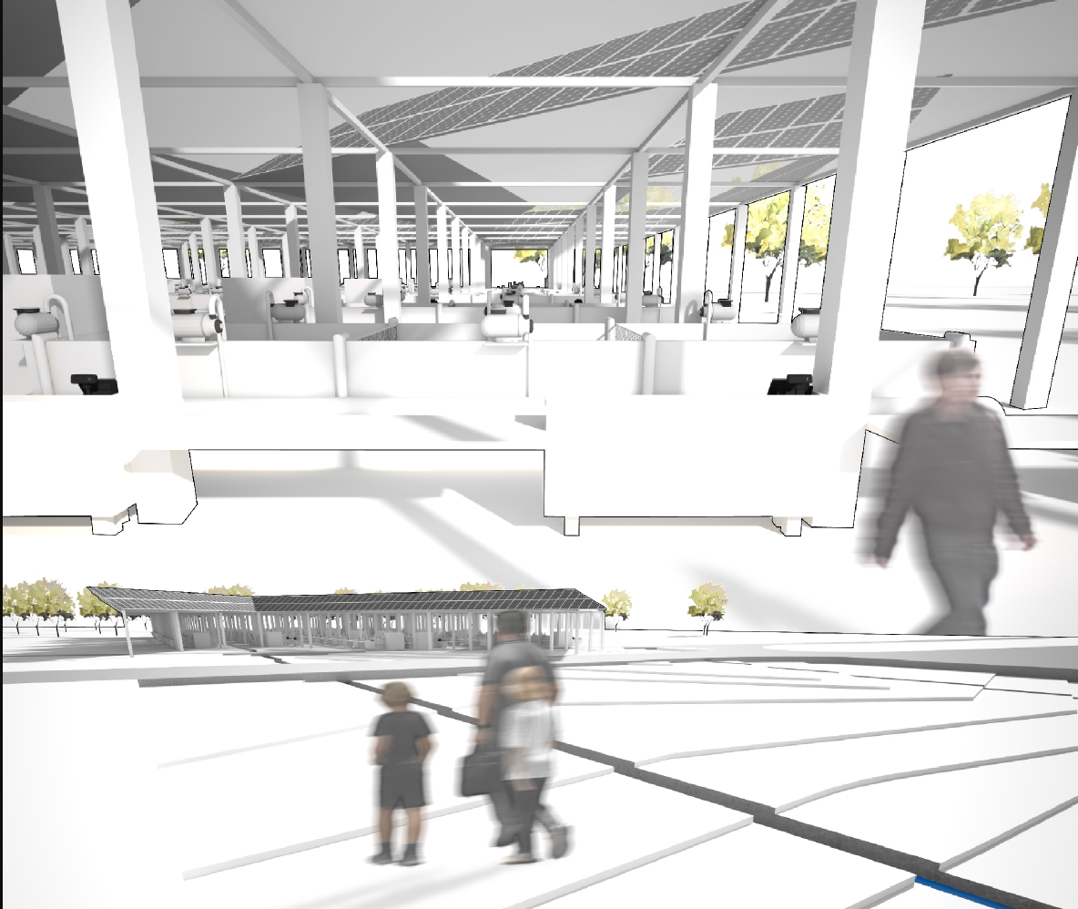 A light-filled market hall where modular structures, solar roofing, and transparent boundaries create an inviting space for community interaction.
