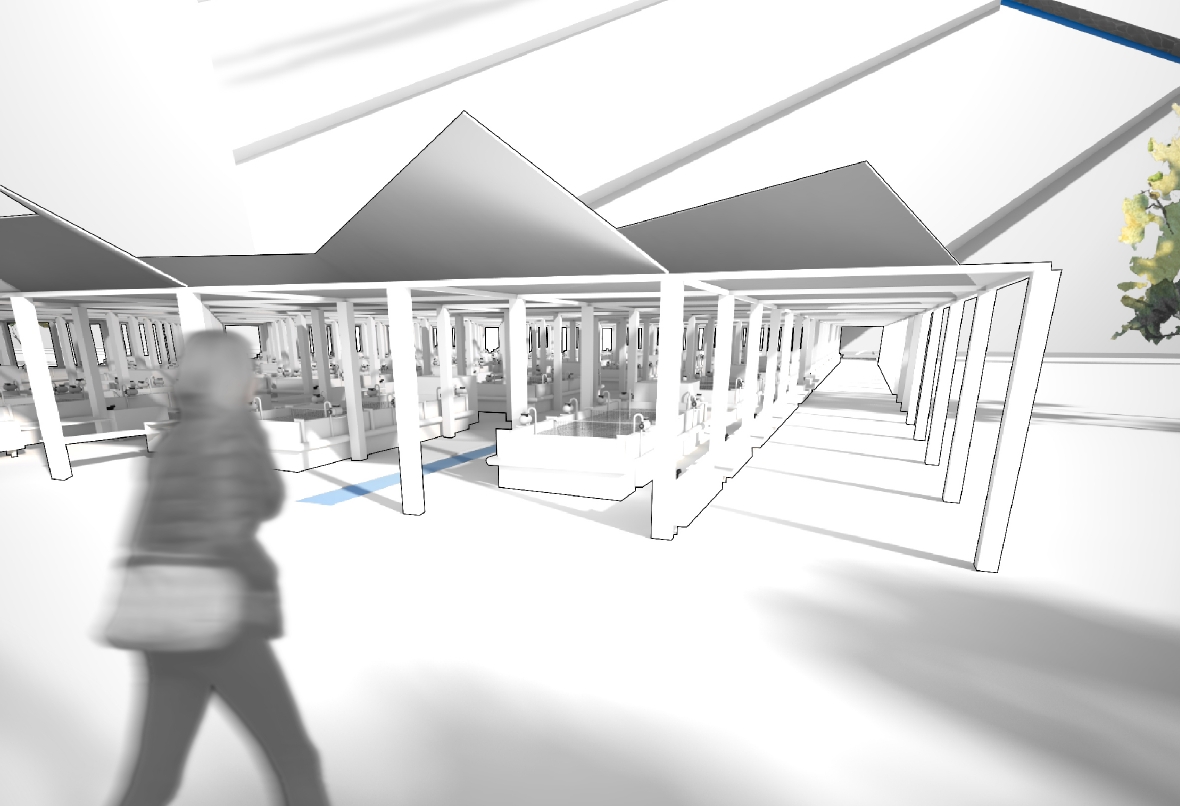 A modular market hall with repetitive structural frames, integrated solar roofing, and open circulation paths designed to support everyday public life