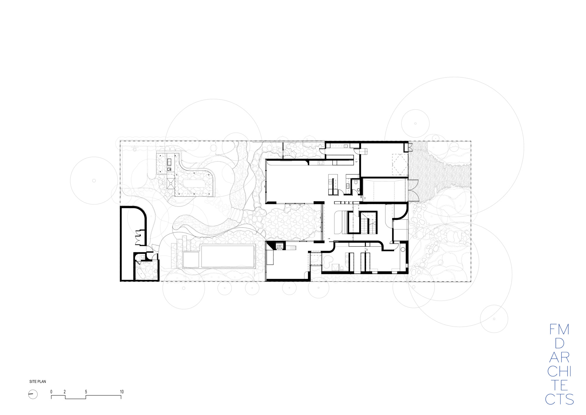Site plan drawing showing the house footprint, pool, pergola and curved outbuilding set among circular tree canopies across a long rectangular lot