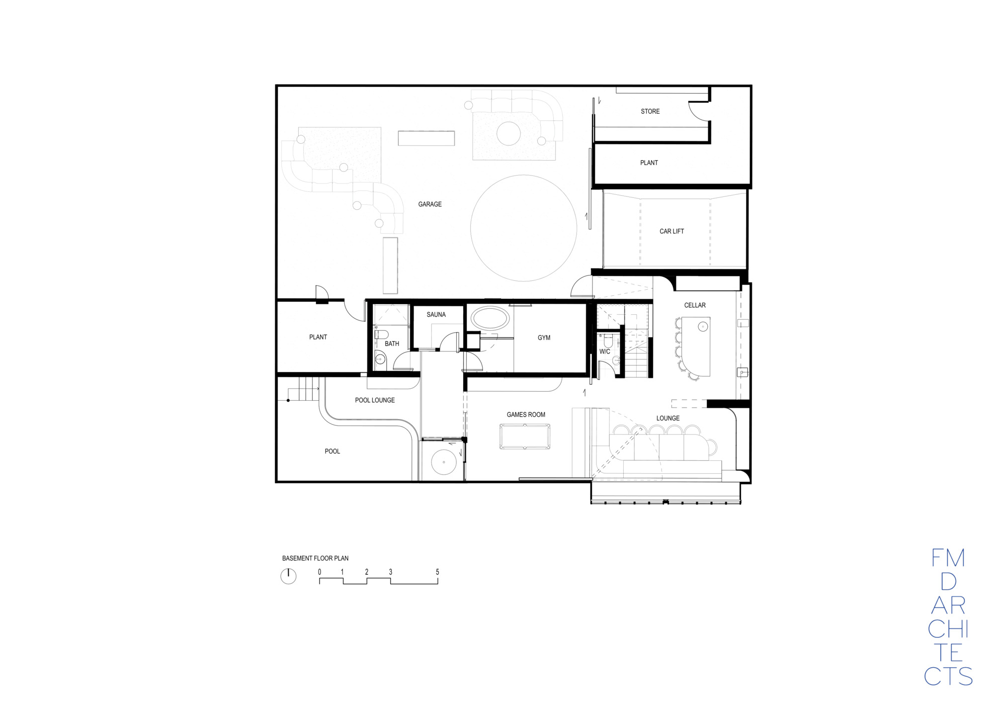 Basement floor plan drawing showing a large garage with car lift, gym, sauna, games room, lounge, cellar and pool lounge