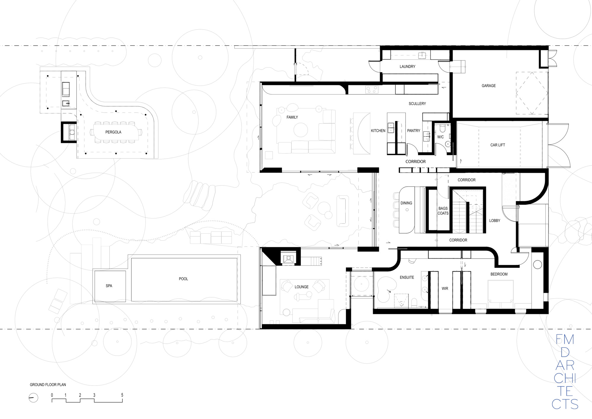 Ground floor plan drawing showing family room, kitchen, dining, lounge, bedroom suite, garage and an outdoor pool, spa and pergola