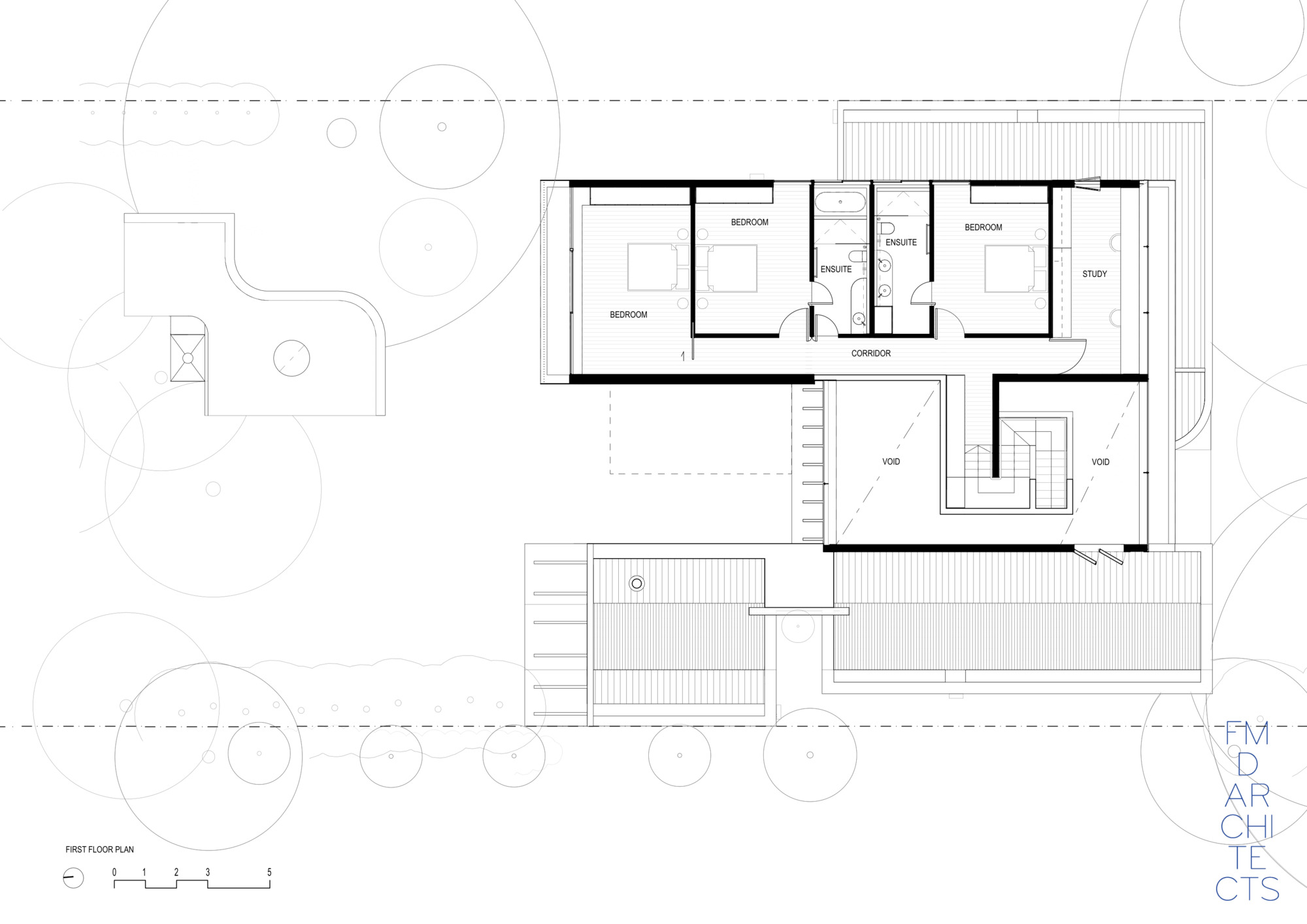 First floor plan drawing showing bedrooms, ensuites and a study along a corridor, with two voids and roof terraces below