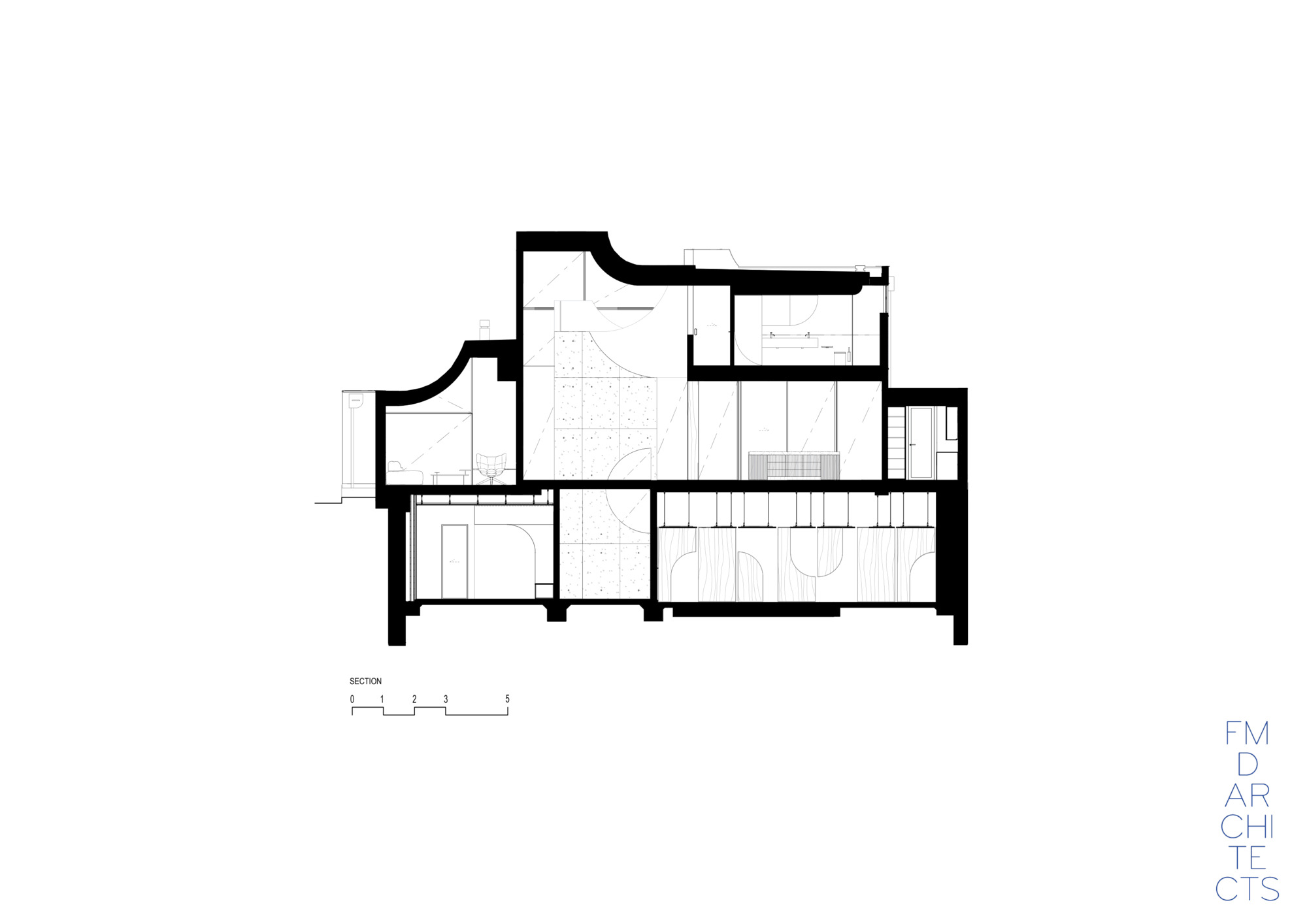 Section drawing cutting through the stacked levels, with curved walls, a staircase and arched openings in the basement