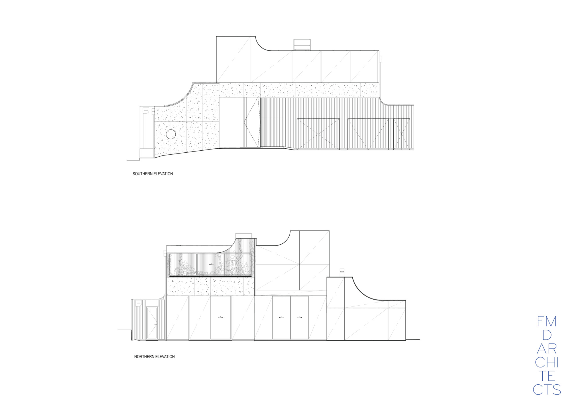 Southern and northern elevation drawings showing panelled facades, garage doors, a round window and curved parapet edges